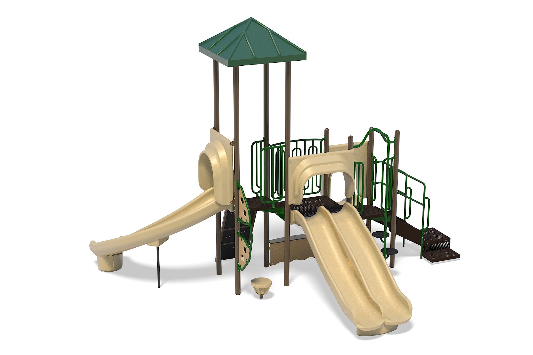 Beige and green playground structure with double slide, curved slide, climbing panels, and shaded roof