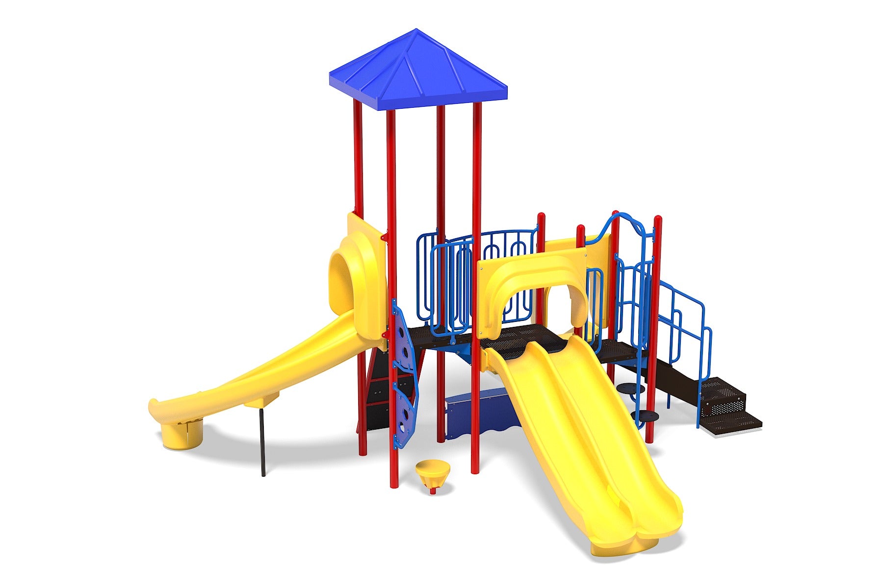 Colorful playground structure with yellow slides, blue railings, red support poles, and a blue roof