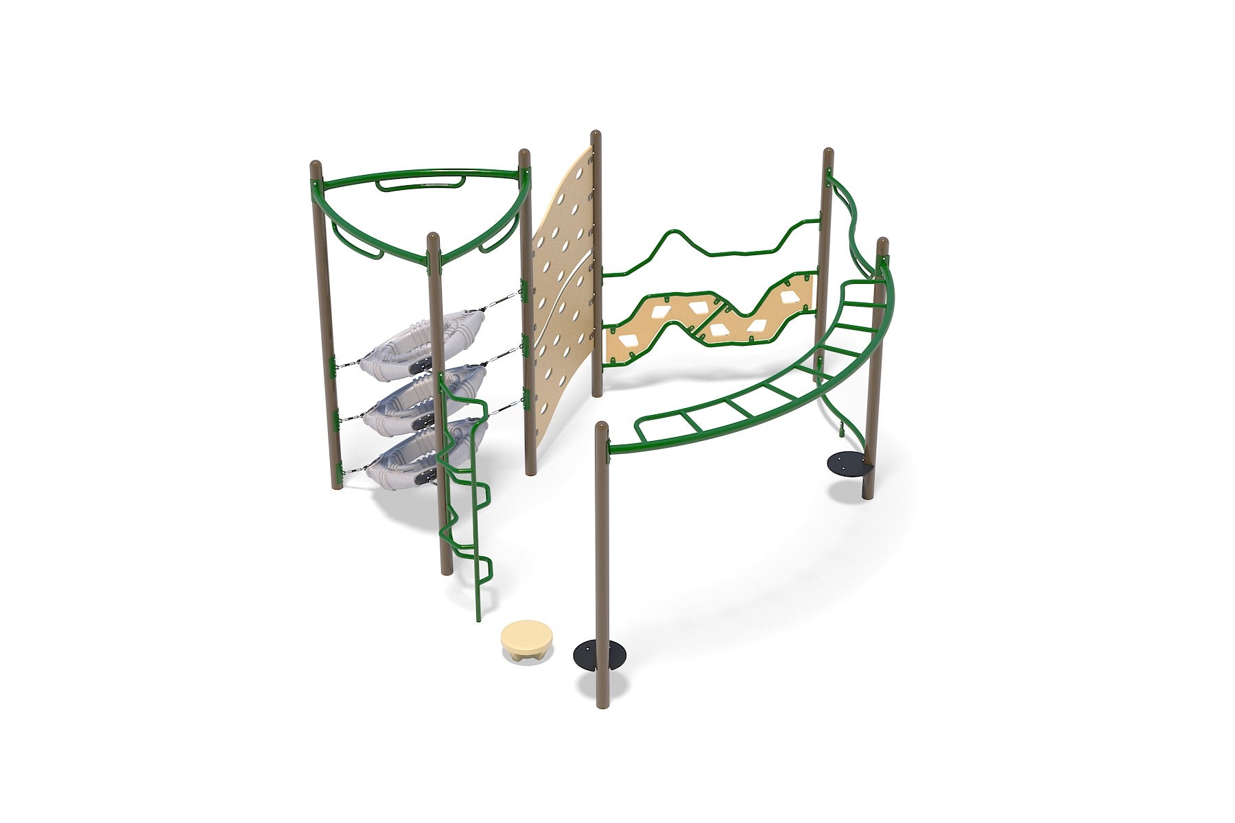 Natural-colored playground with green climbing bars, curved ladder, snake balance beam, and interactive mosaic panels.