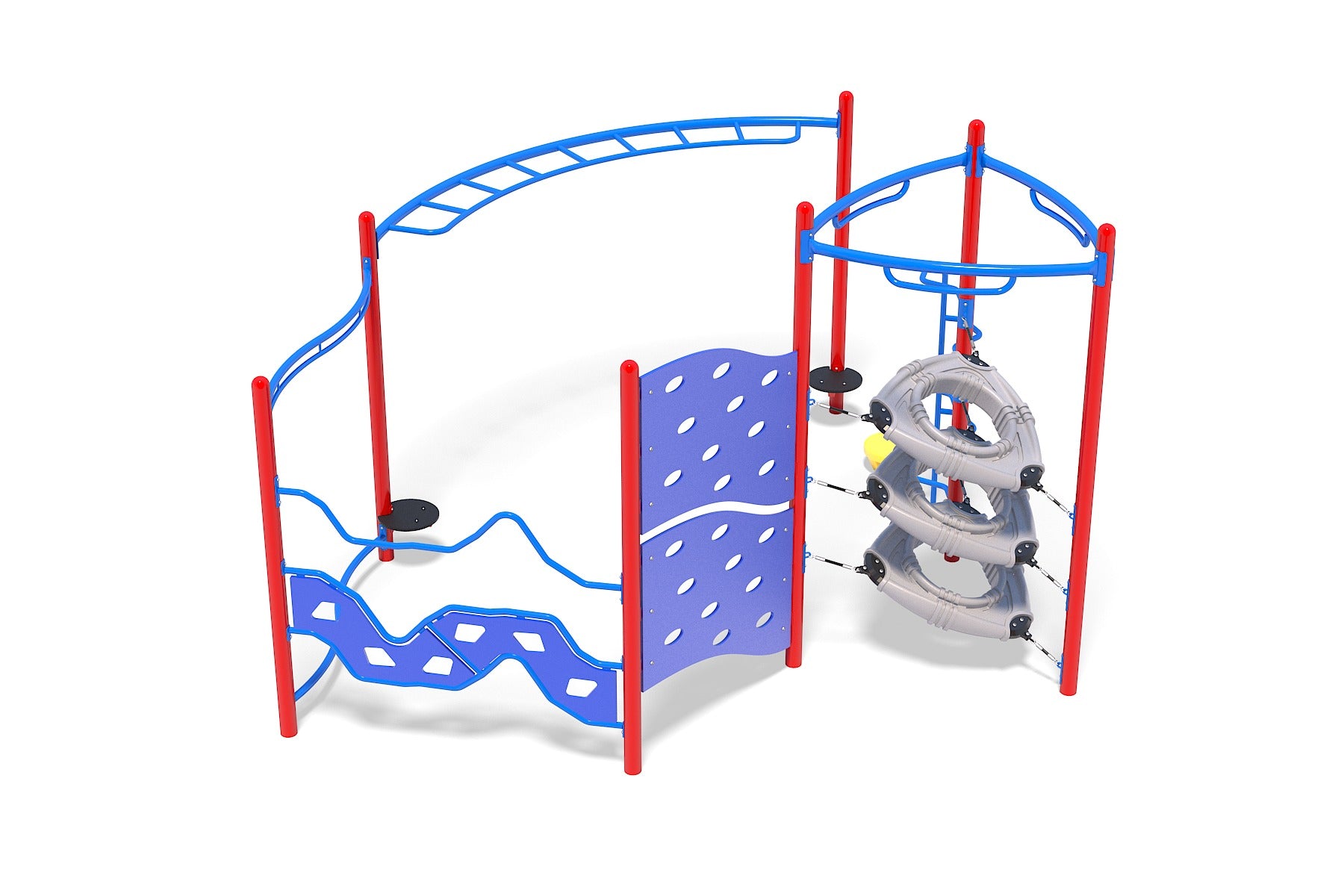 Adventure Zone Playground with red posts, blue climbing panels, overhead ladder, spacewalker link climbing rings, and interactive play features