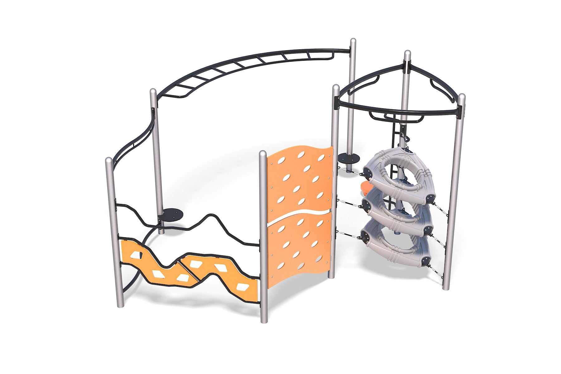 Children's playground climber with snake balance beam, arc overhead ladder, orange panel, spacewalker rings, and stepping pods.