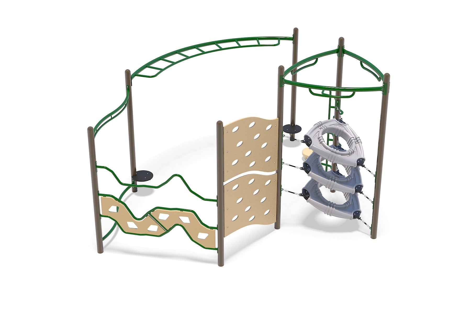 Outdoor playground climber with green curved overhead ladder, tan wavy panels, gray triangular climbing rings, and snake balance beam