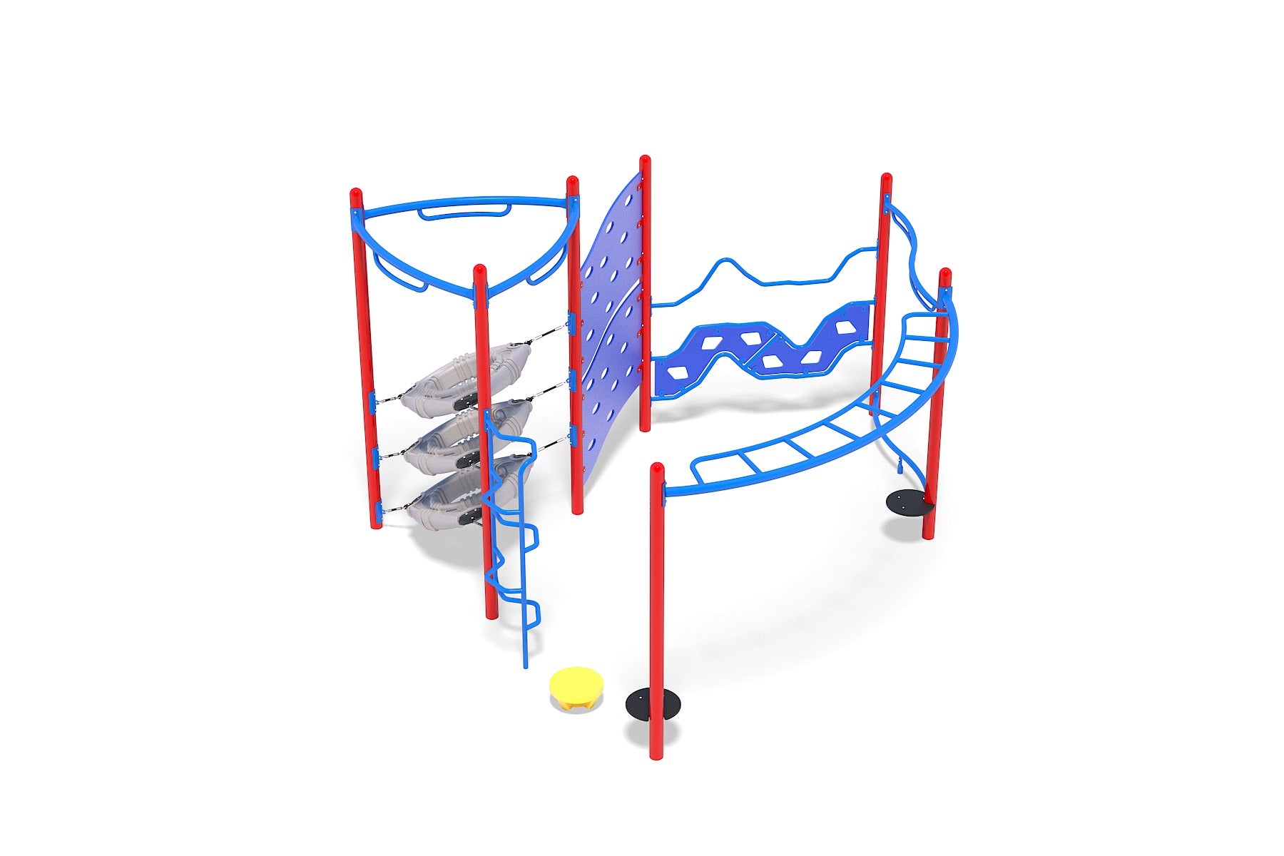 Angled overhead view of modular playground climber with curved ladder, rope pods, stepping stones, and climbing panels in red and blue