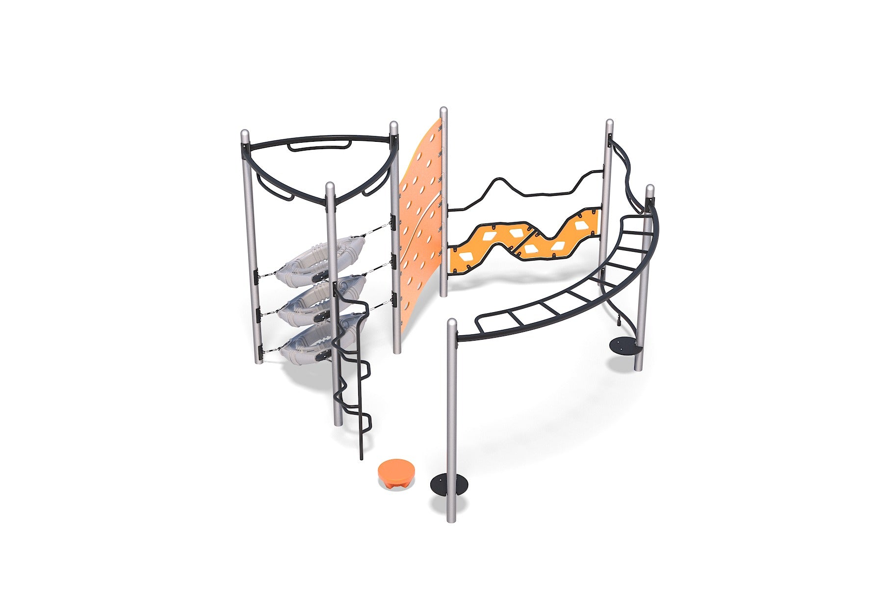 Modern playground with orange and gray climbing panels, curved overhead ladder, snake balance beam, and stepping stone.