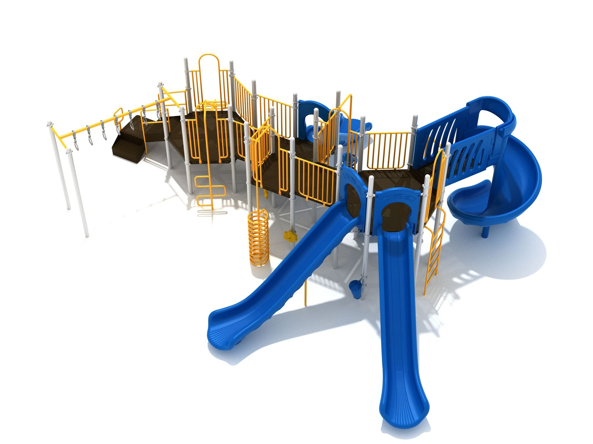 Large playground structure with blue straight and spiral slides, yellow climbing bars, overhead swinging rings, and multiple play hubs