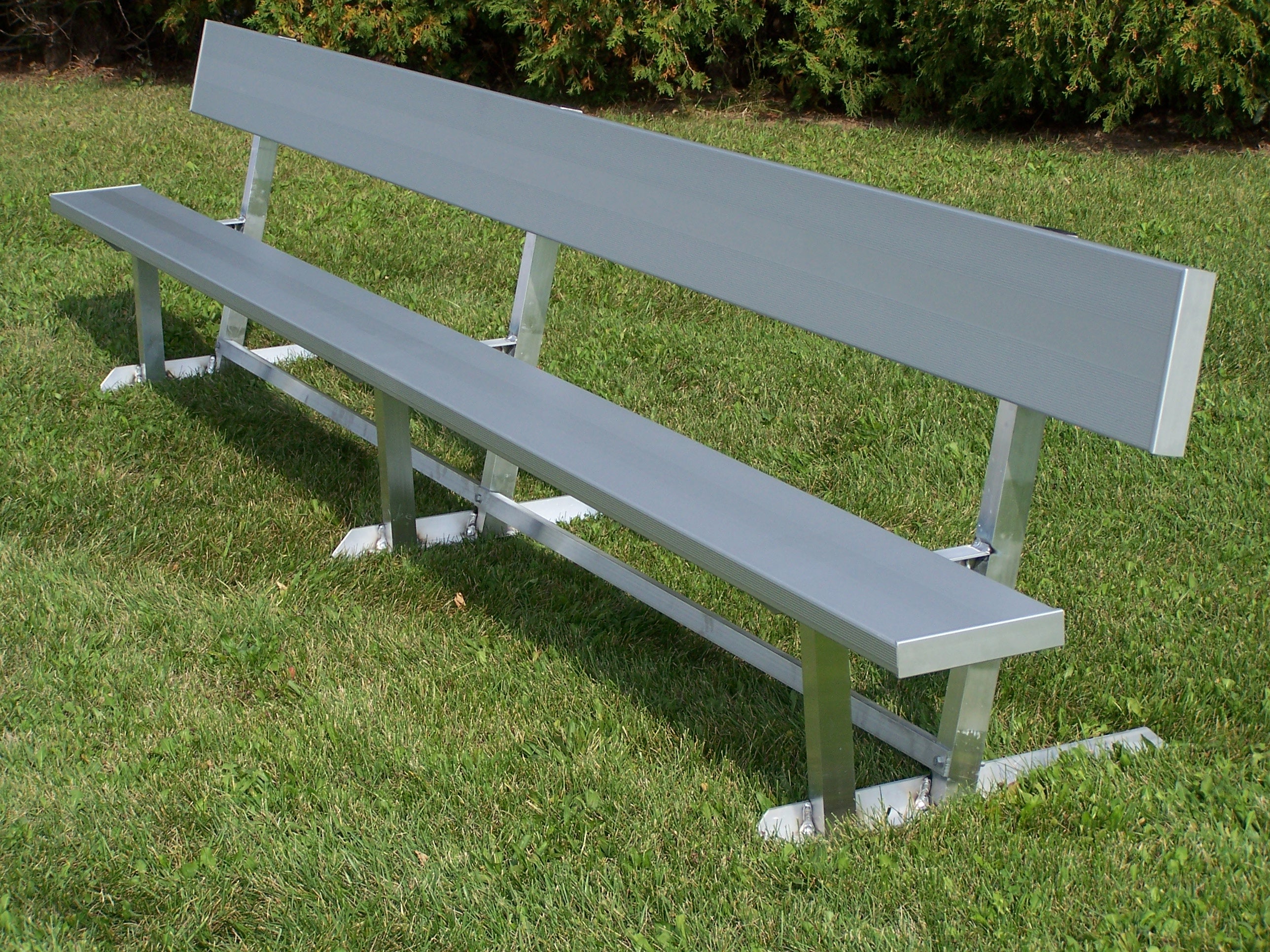 Portable Bench with Backrest featuring anodized aluminum seat and backrest, lightweight aluminum frame, outdoor sports field seating