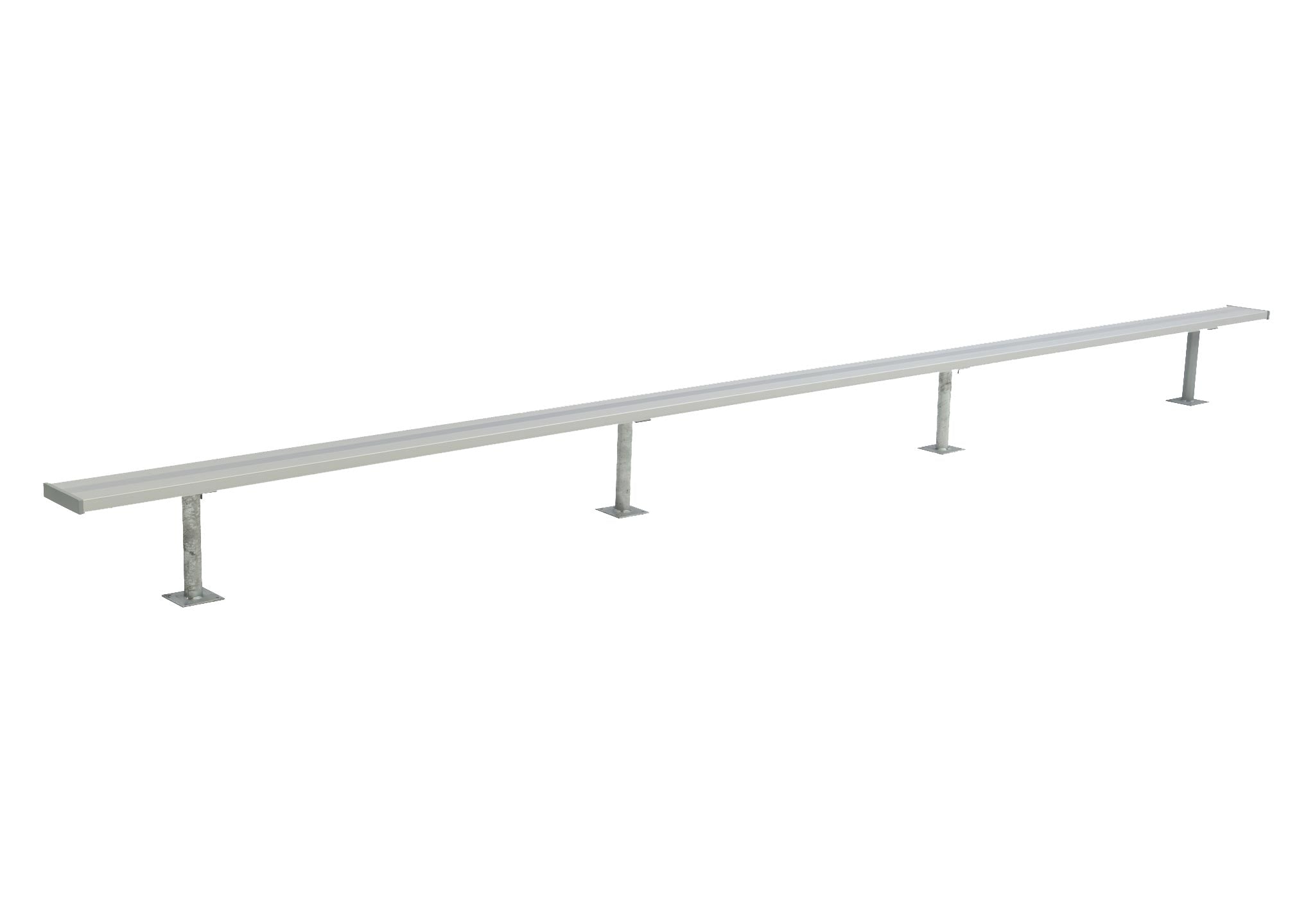 Long galvanized steel outdoor bench with anodized seat plank and pipe legs, designed for durable public seating.
