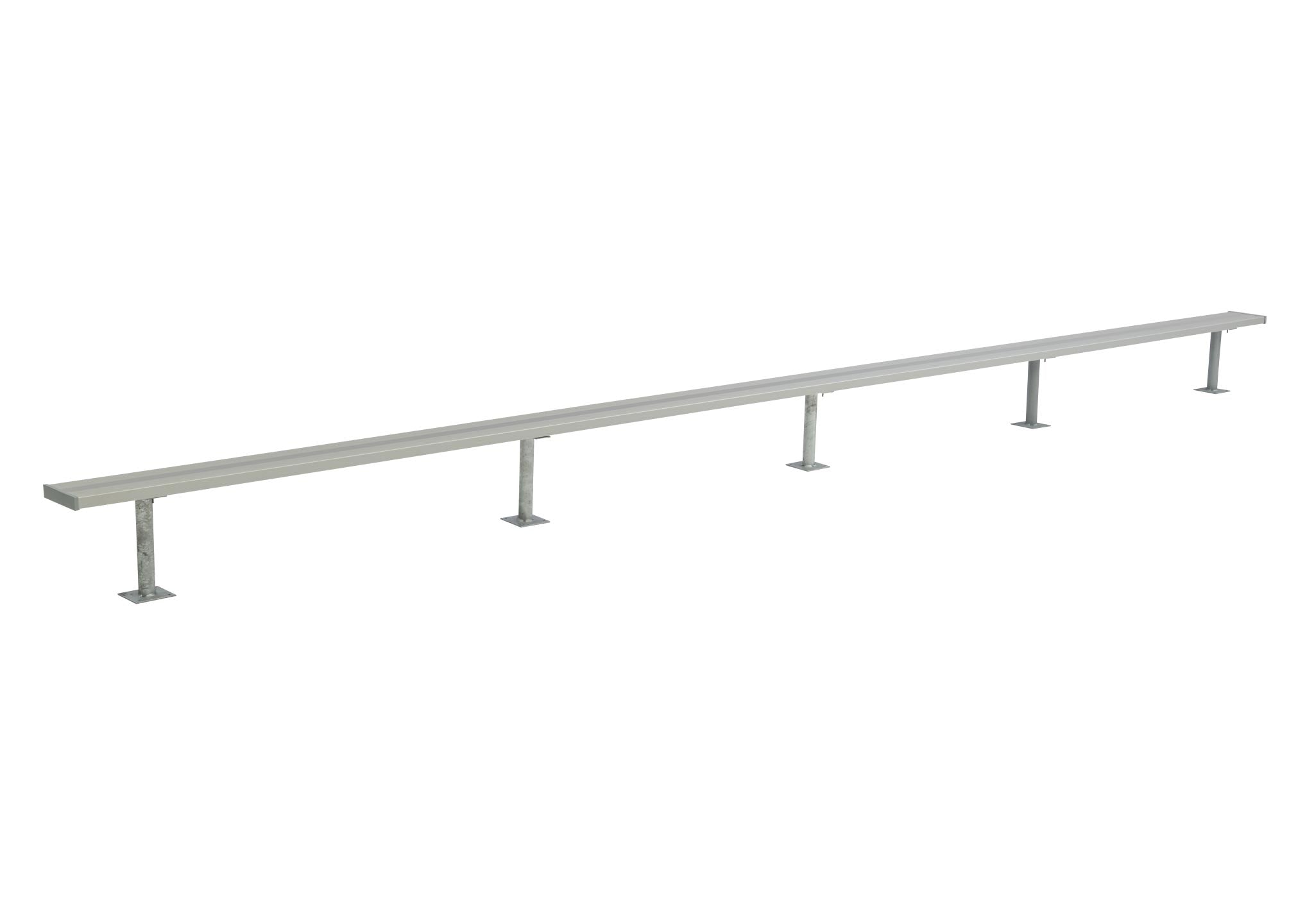 Long outdoor aluminum bench without backrest with galvanized steel legs, designed for sports and recreational seating.