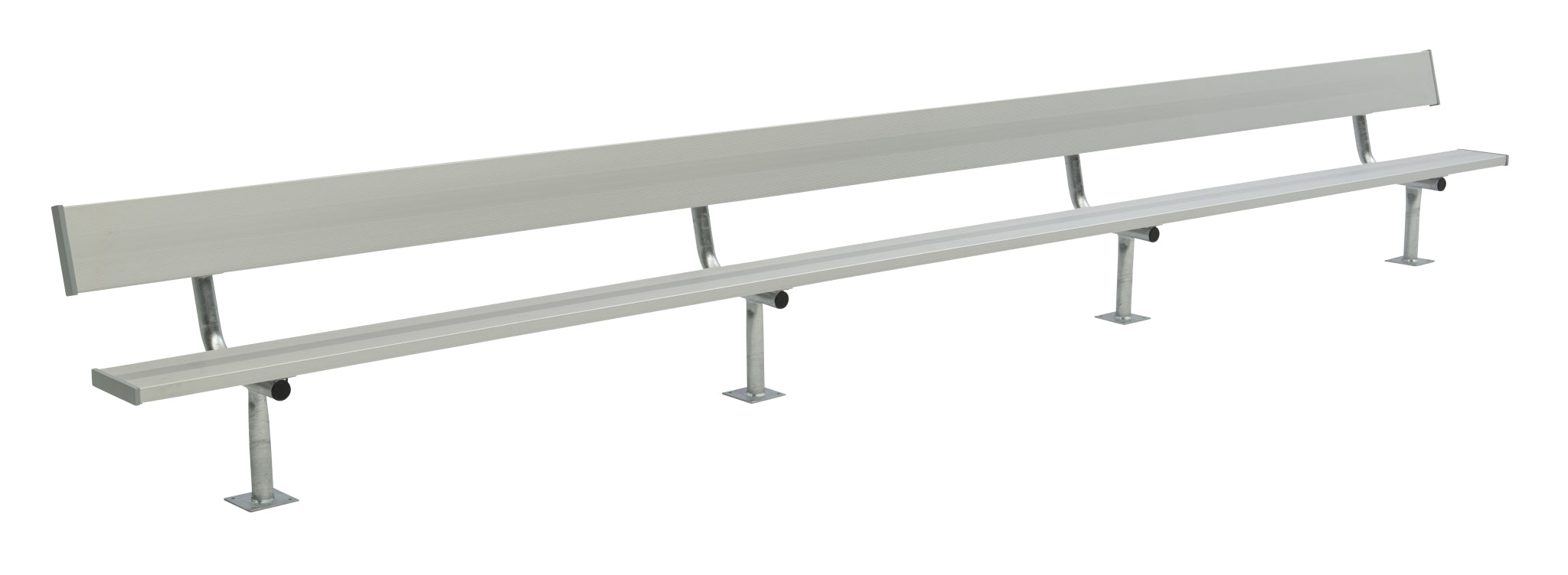 Long outdoor bench with anodized aluminum seat and backrest, supported by galvanized steel legs with surface mount plates.