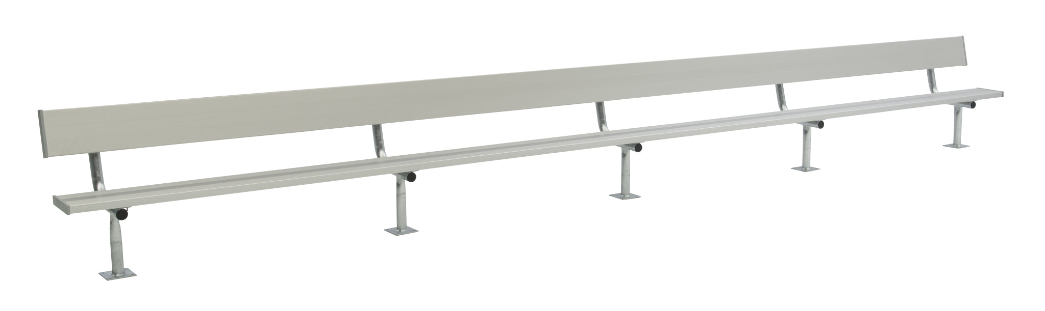 Long outdoor bench with anodized aluminum seat and backrest, supported by galvanized steel legs with surface mount plates.
