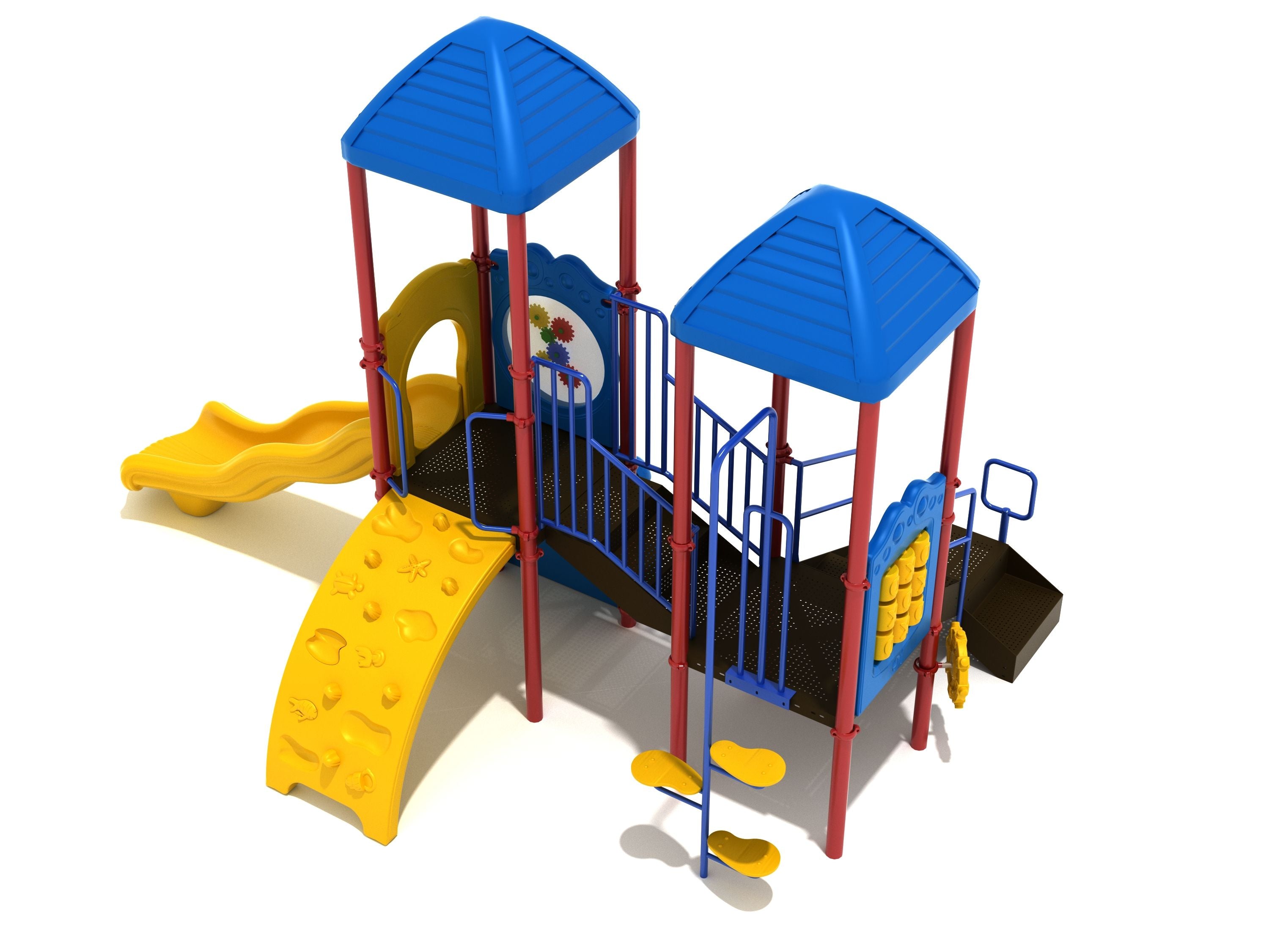 Colorful playground structure with blue roofs, yellow wave slide, sea creature-shaped climbing wall, and interactive play panels.