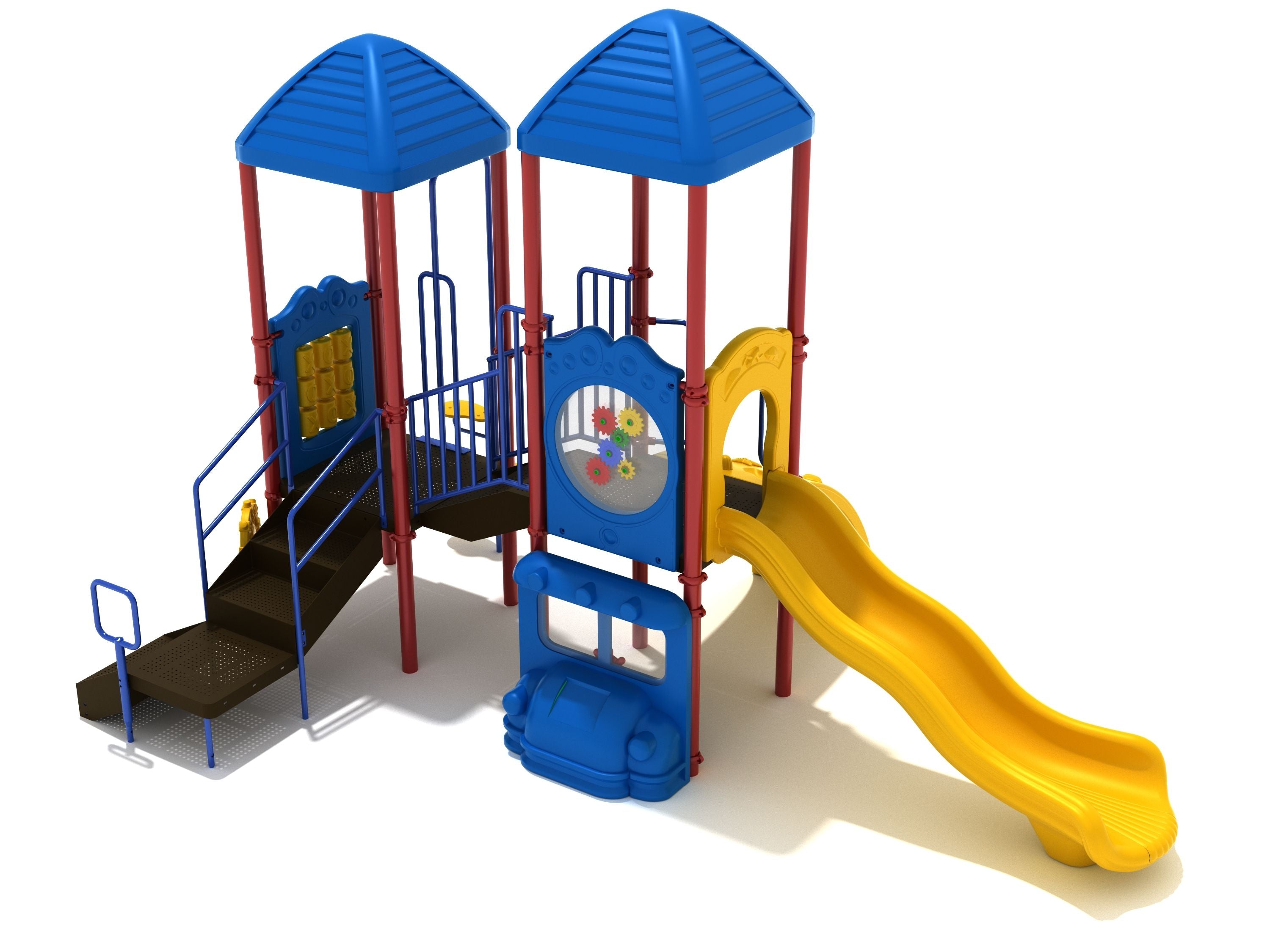 Bellevue Playground with dual blue-roof towers, yellow wave slide, bridge deck, bubble window, pea pod and sea creature climbers, and car panel play features