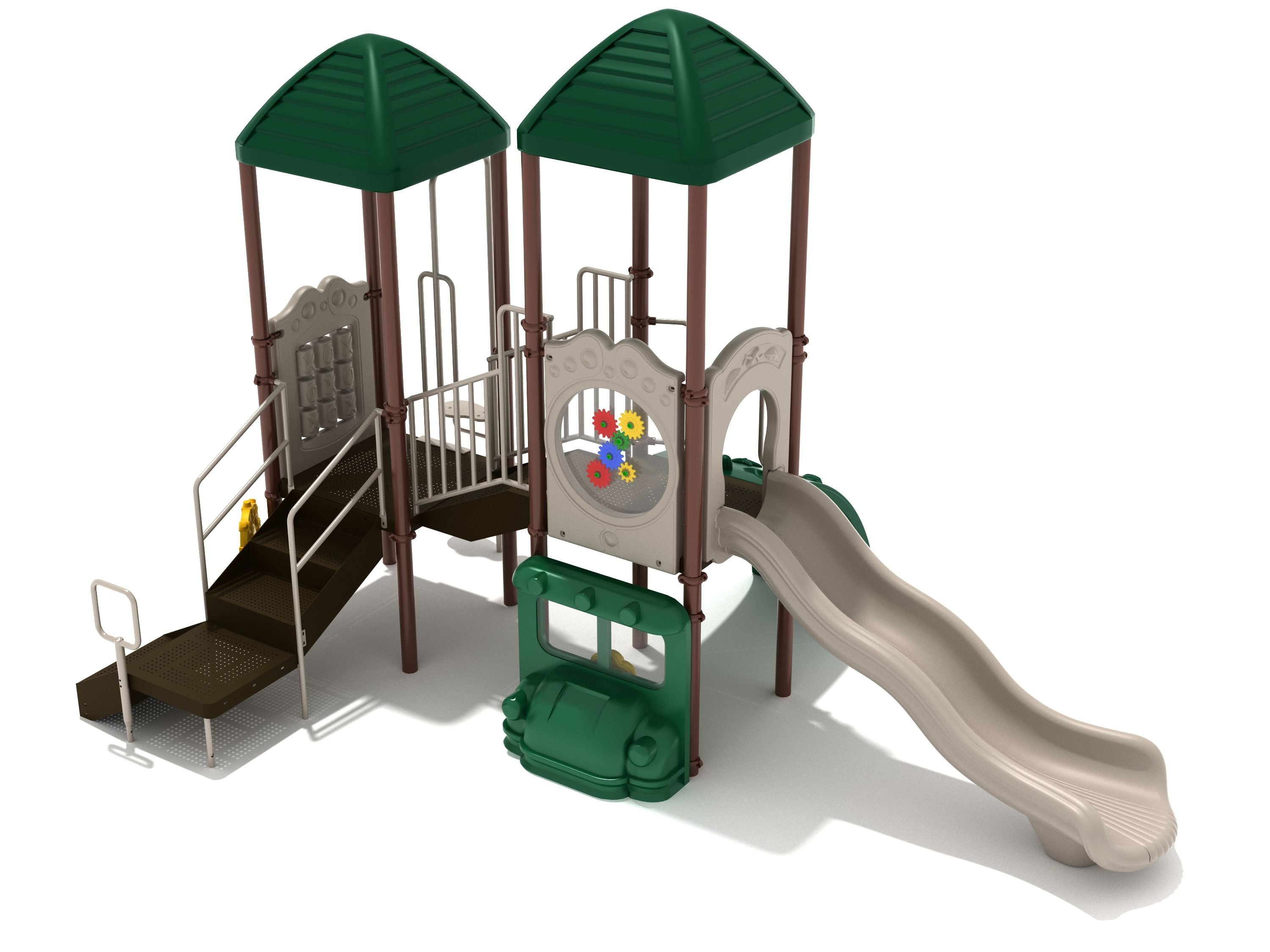 Playground structure with two green roofs, beige double slide, stairs, colorful gear and car play panels, and interactive climbers.