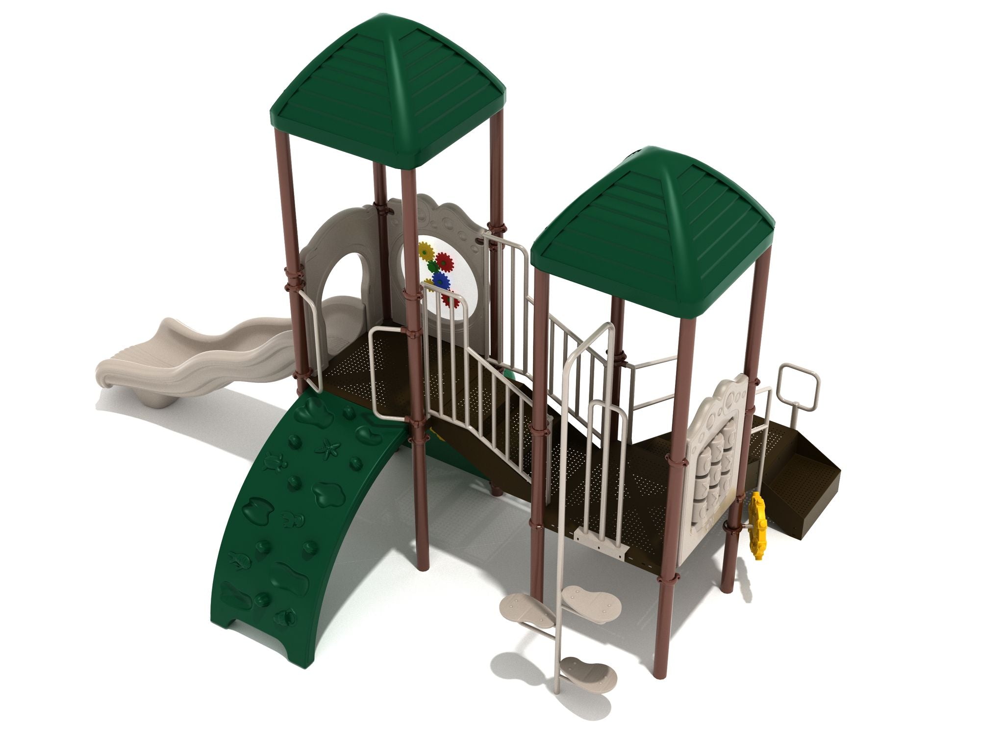 Playground structure with two green-roofed towers, wave slide, sea creature-shaped curved climber, and interactive gear panel