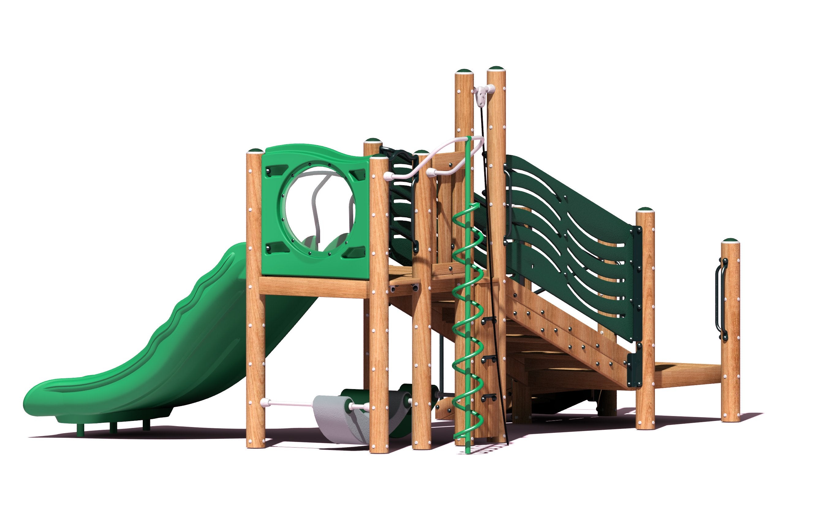 Compact accessible playground with green slide, wood-textured posts, curly climber, mountain climb, and triple slide features