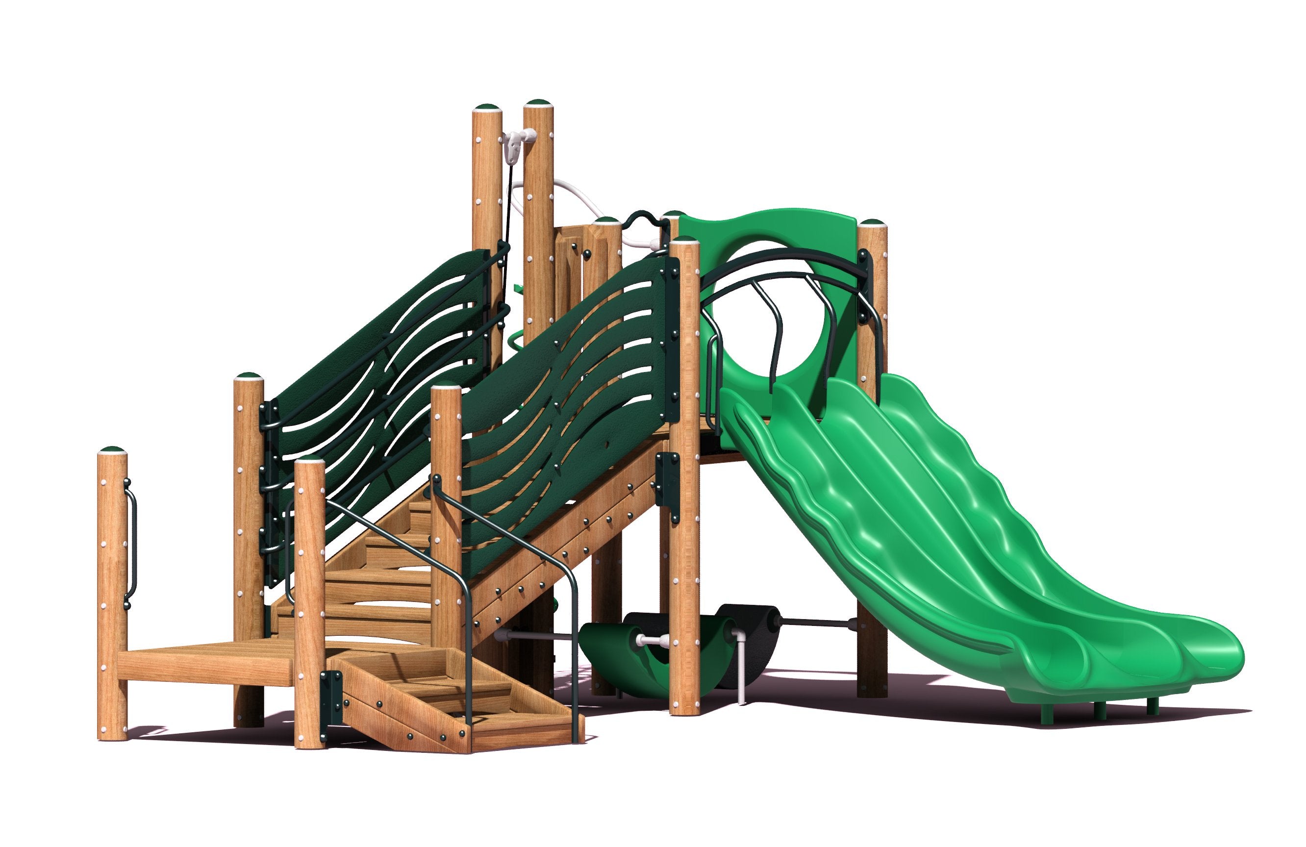 Accessible playground structure with triple green slides, wooden posts, climbing stairs, and wavy green side panels
