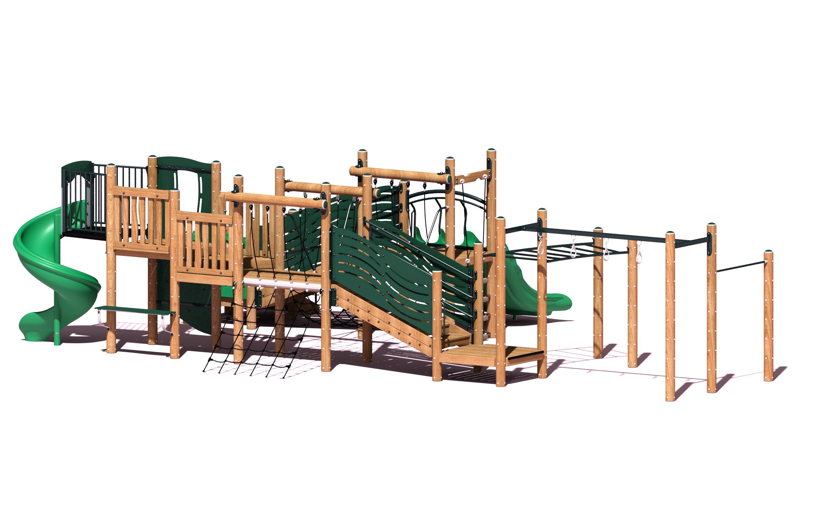 Large wooden playground structure with green spiral slide, climbing nets, curved ladder, and monkey bars
