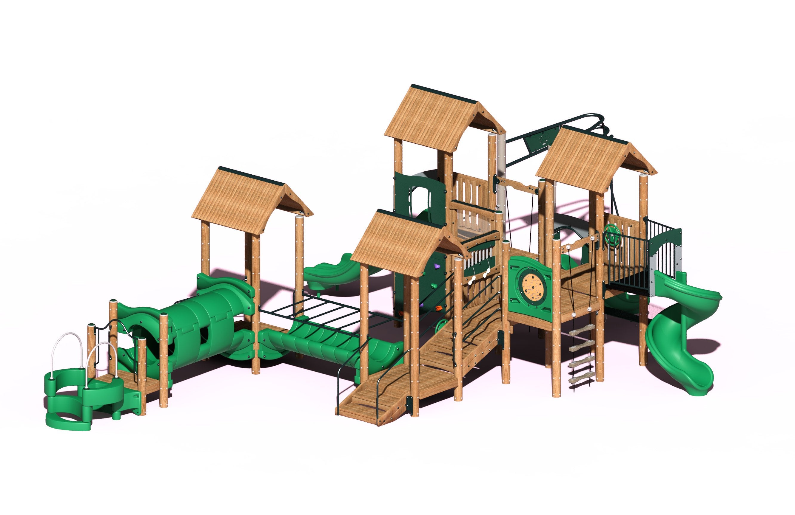 Large wooden playground structure with multiple green slides, climbing tunnel, ramps, and play towers, ADA accessible