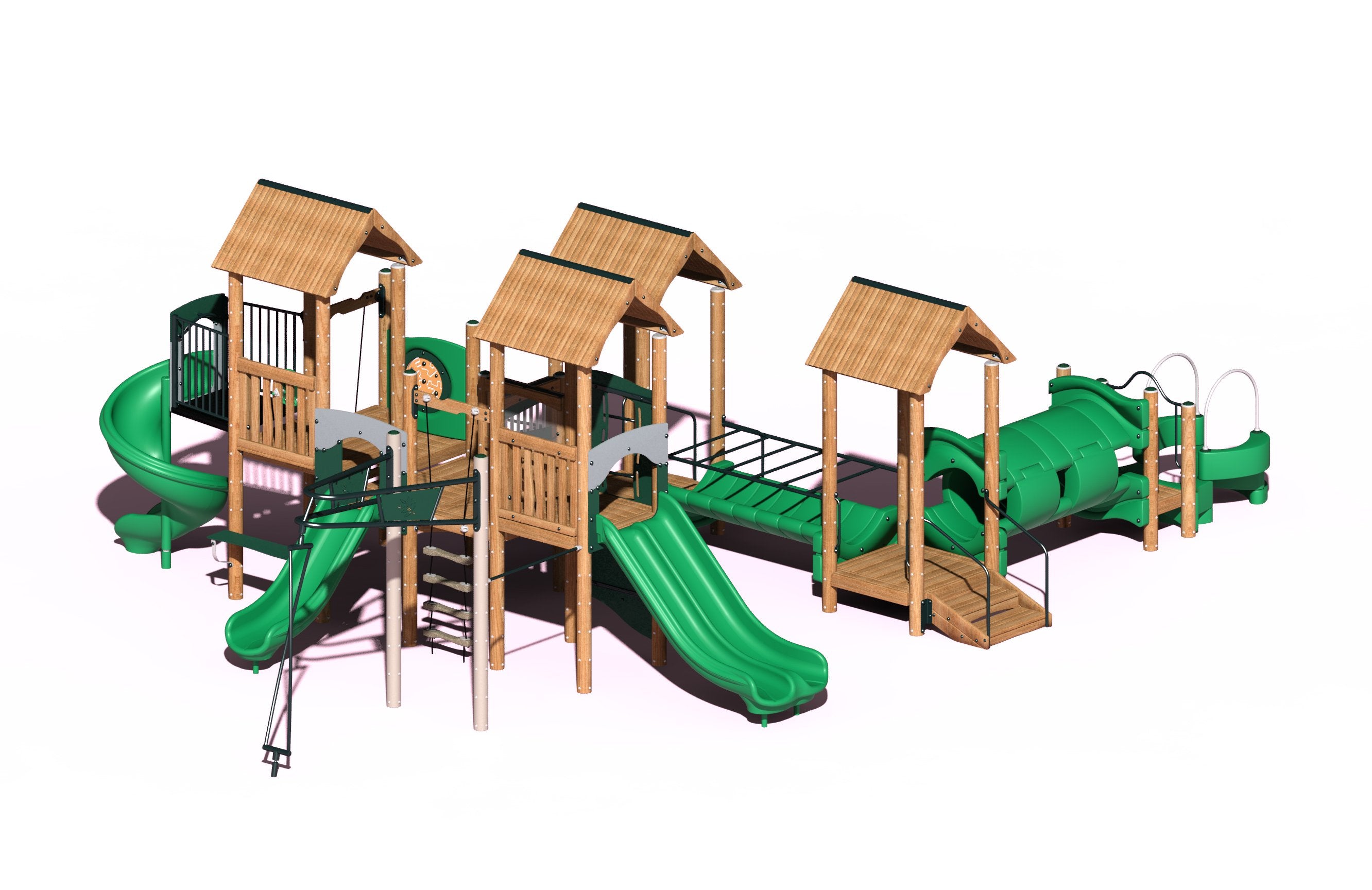 Sherpa Play System with green slides, climbing tunnel, wooden roofs, and multiple inclusive play elements for outdoor fun