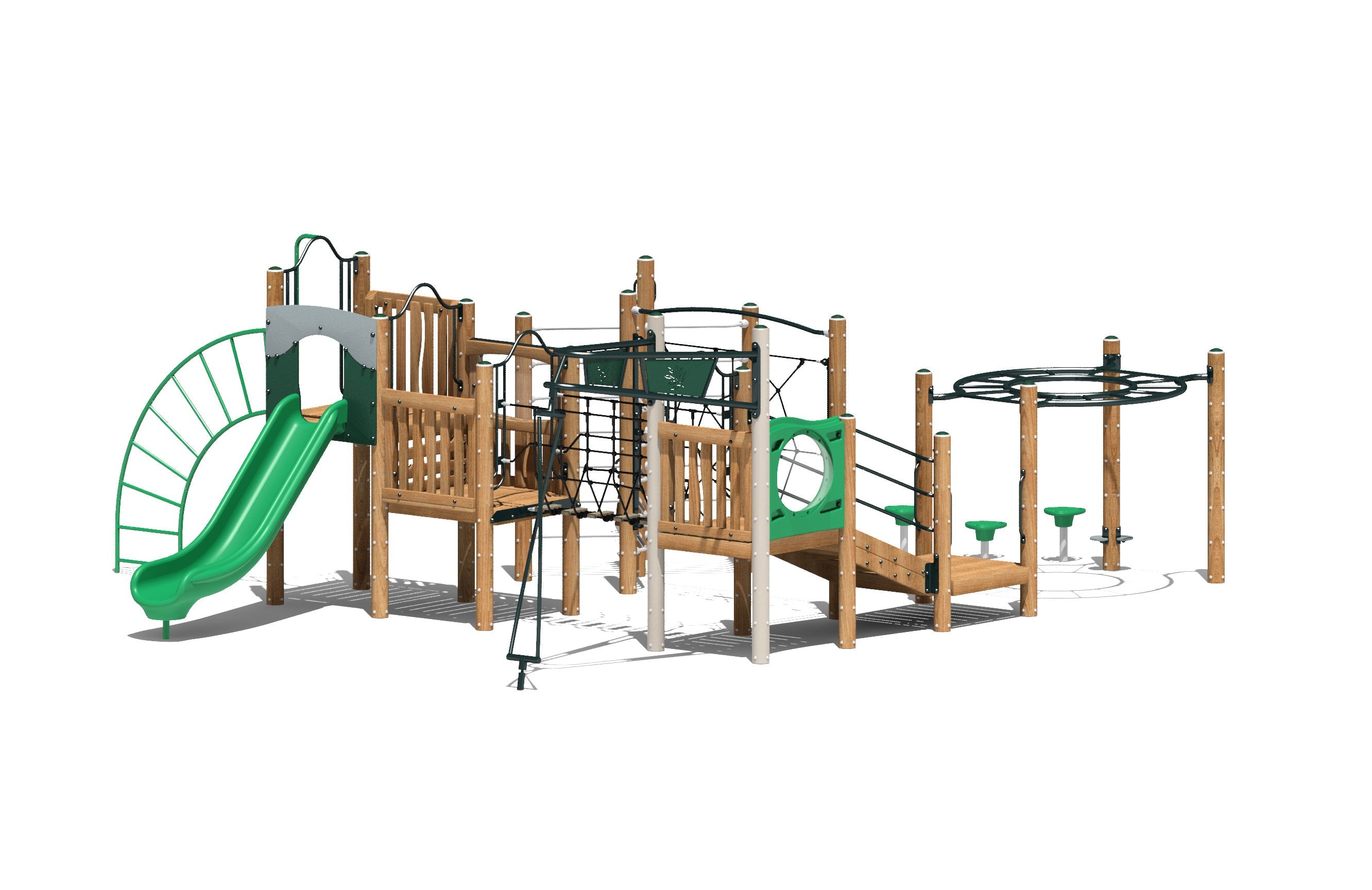 ADA-accessible wooden playground with green slide, rope net climber, ramp, balance pods, and overhead ring climber