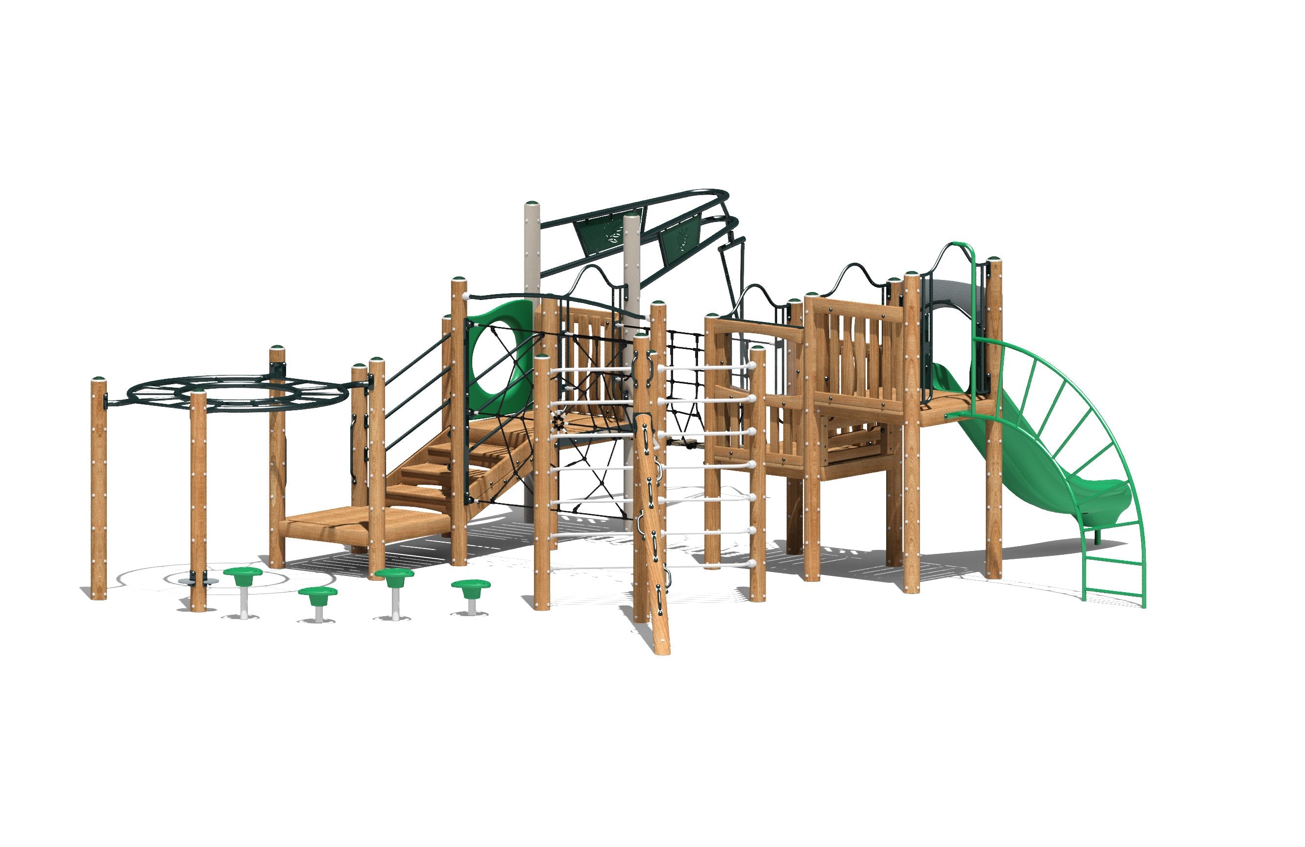 Wooden playground structure with green slide, rope climbers, overhead ring ladder, and balance pods designed for inclusive play