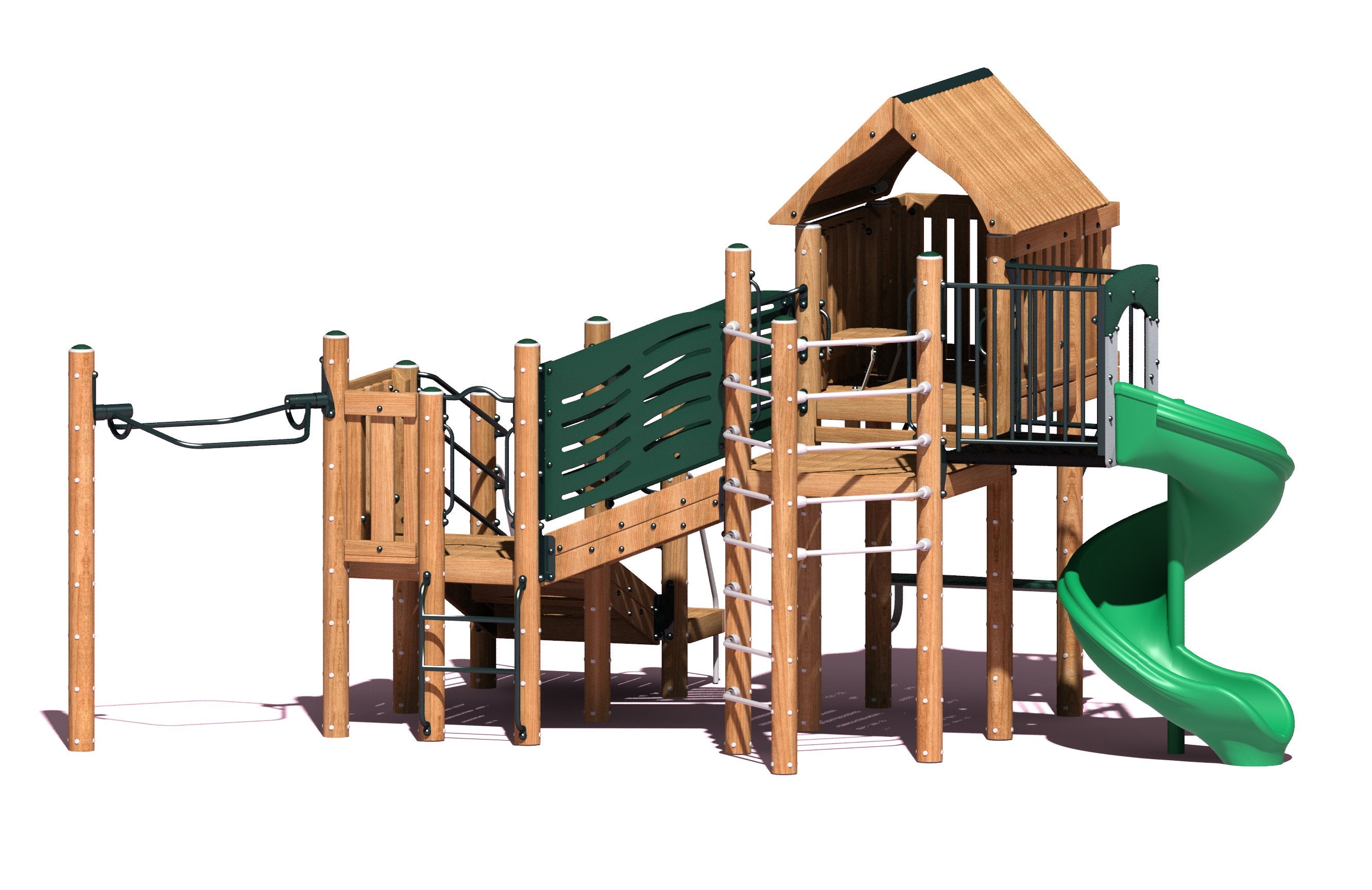 Wooden commercial playground equipment with playhouse and balcony, green spiral slide, rope ladder, and climbing panels