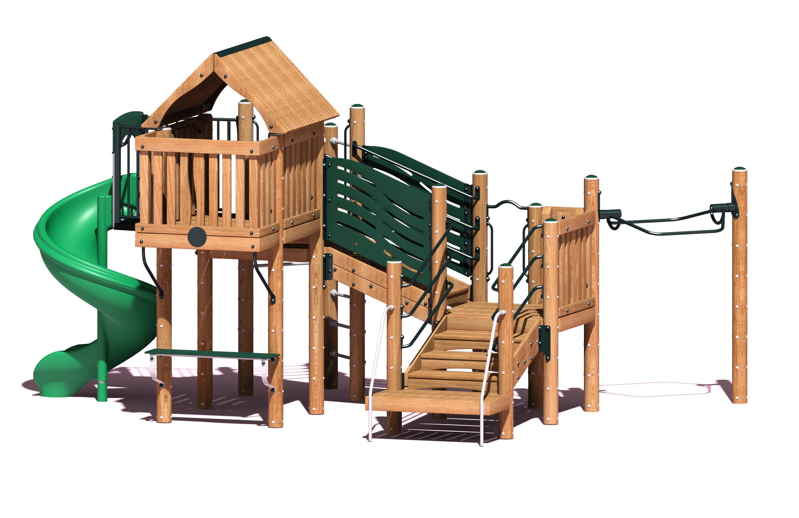 Wooden commercial play system with playhouse, balcony, green spiral slide, stairs with handrails, and climbing elements