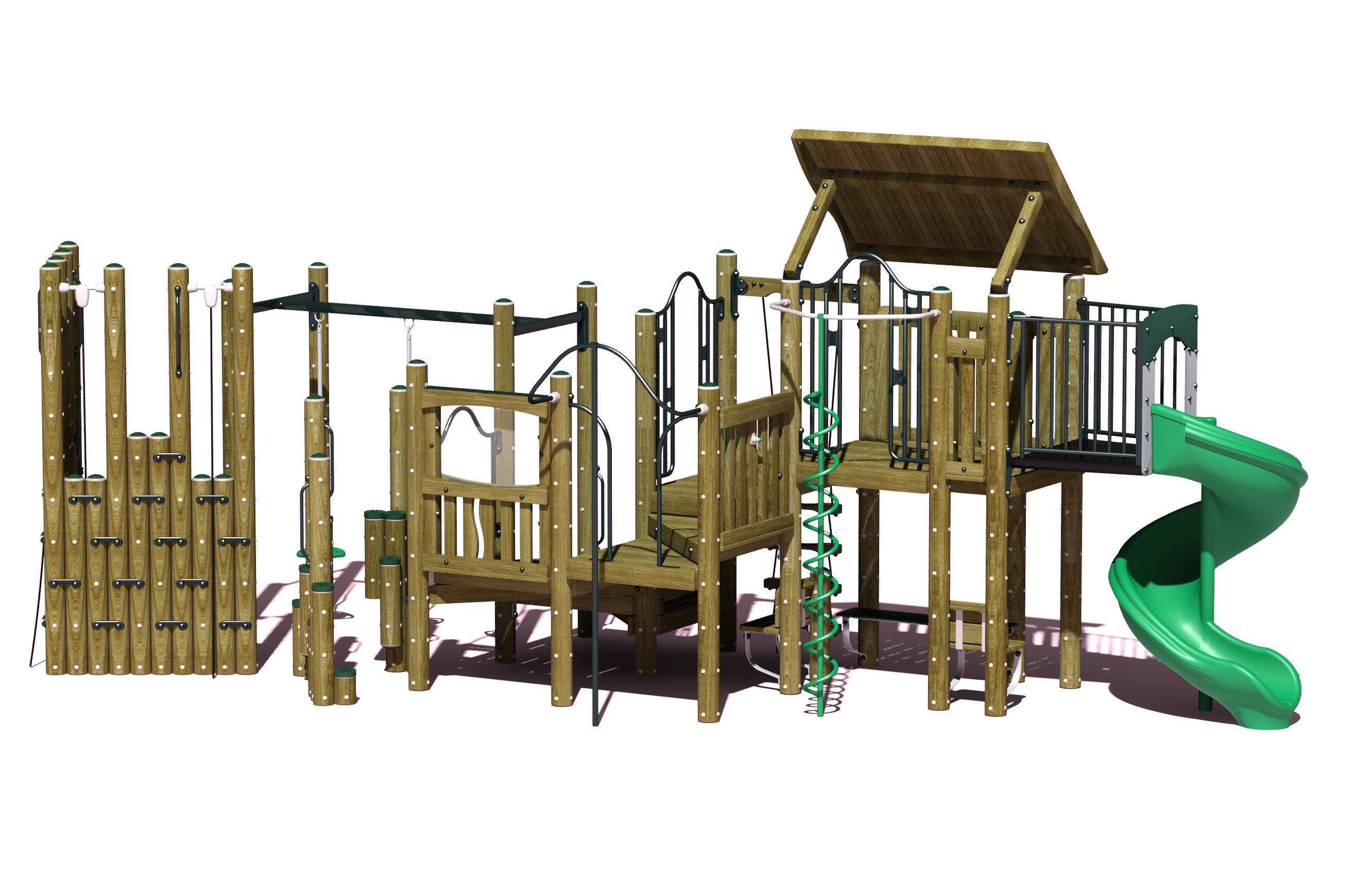Woodland-themed playground with spiral slide, multiple climbing elements, split platforms, and shaded play area