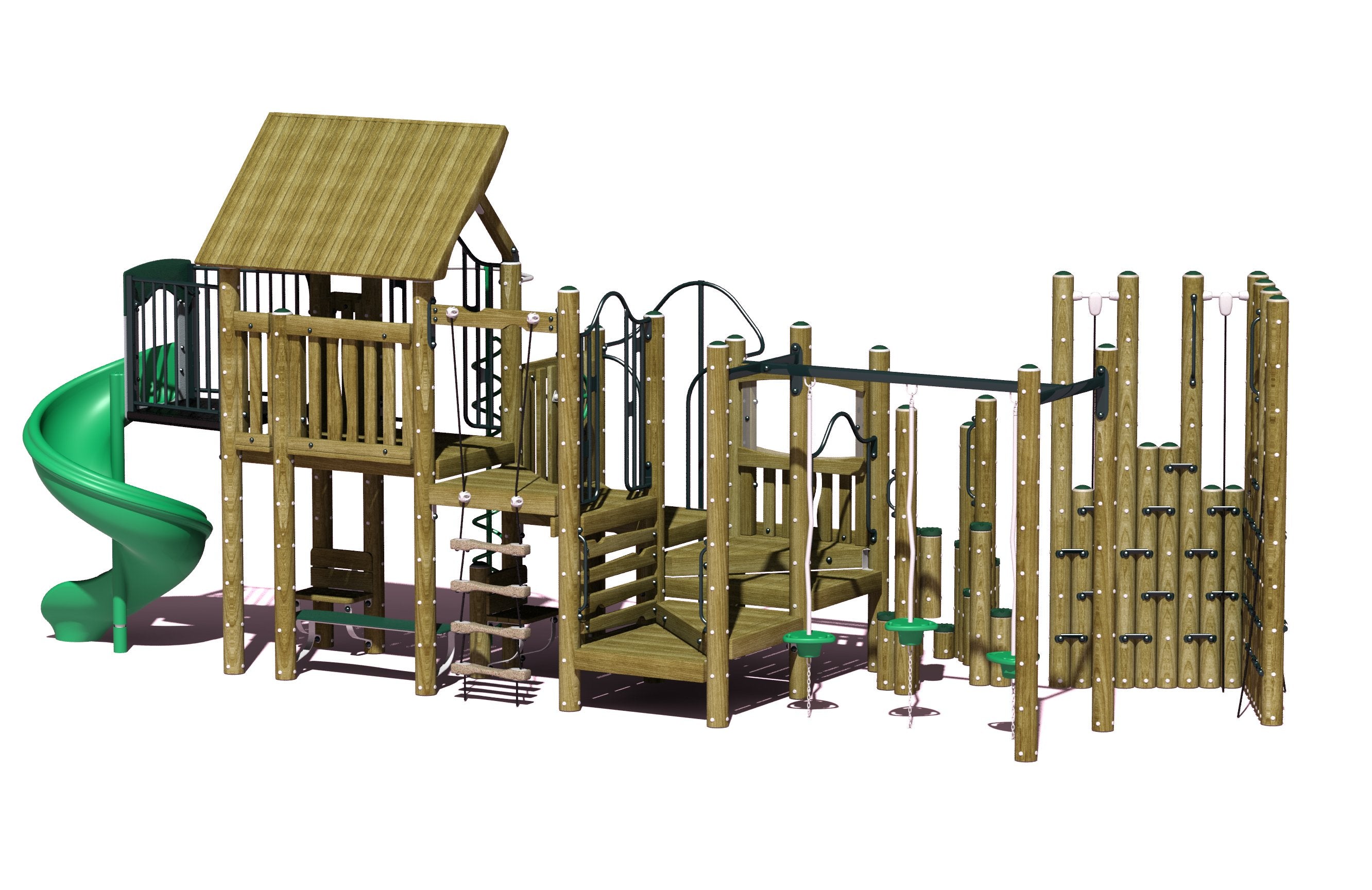 Woodland-themed large wooden play structure with spiral slide, climbing platforms, rope obstacles, and green accents
