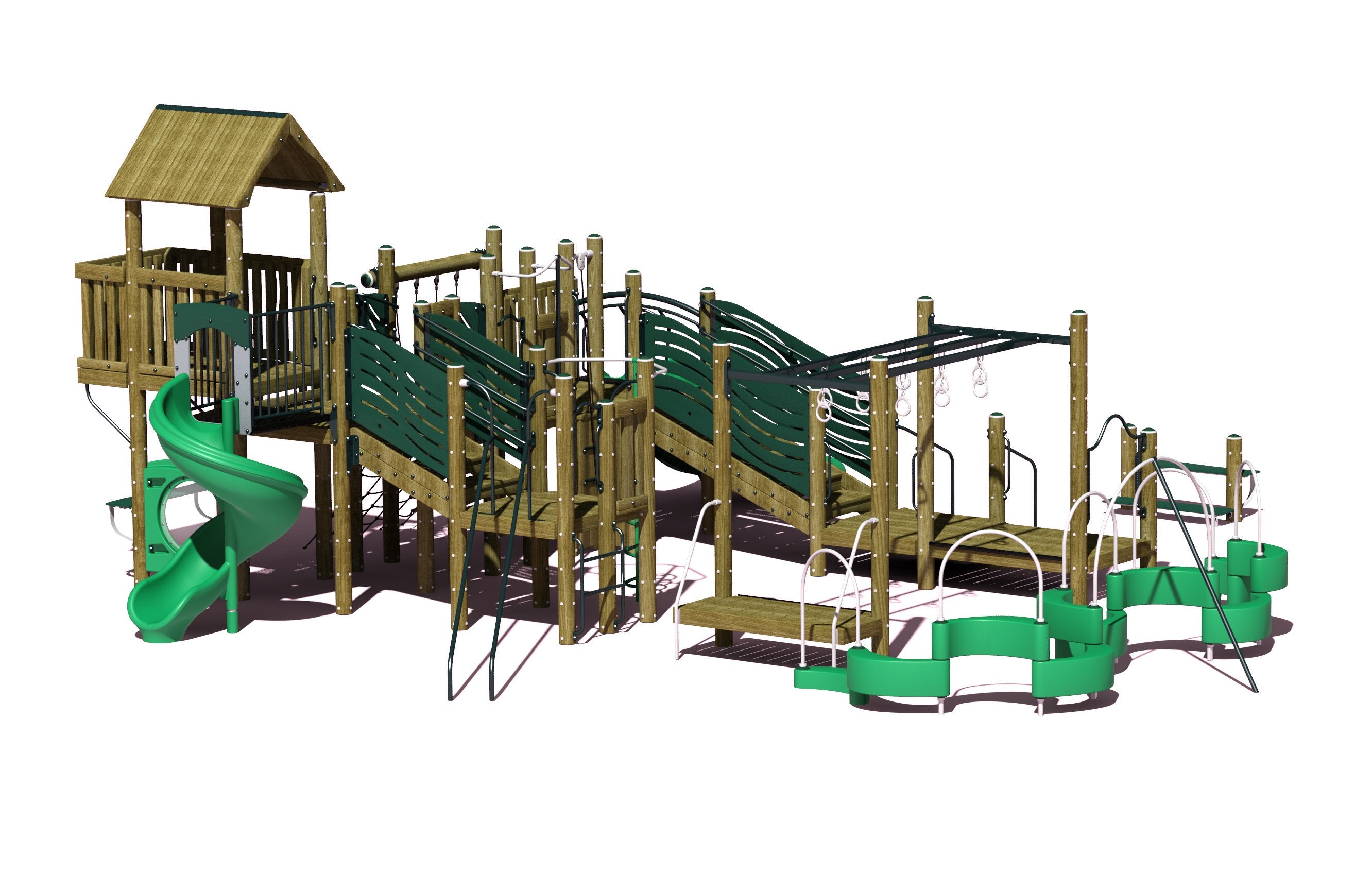 Wooden playground structure with green spiral slide, climbing net, ramps, and inclusive play elements for outdoor fun