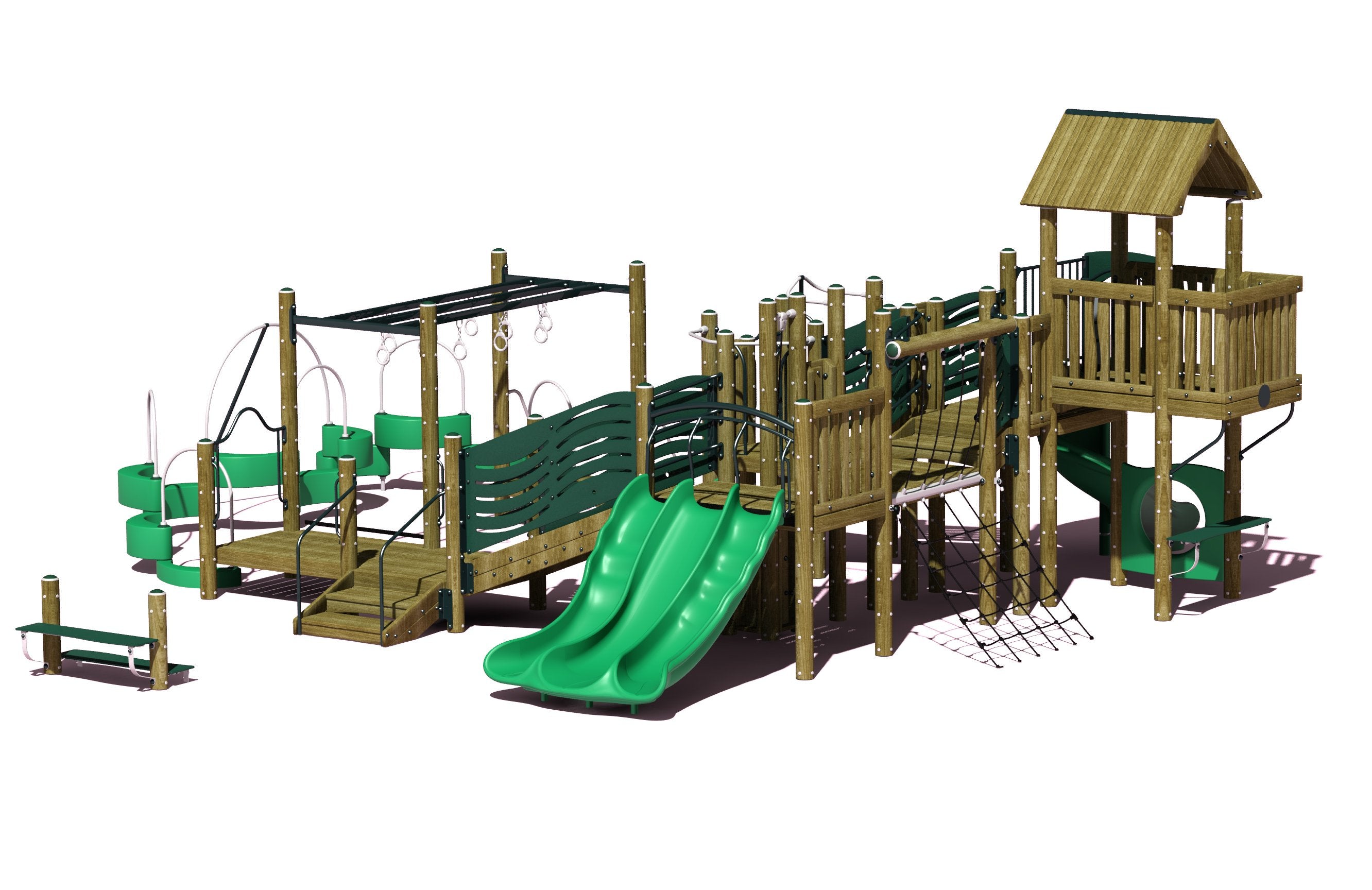 Outdoor wooden playground structure with triple wave slide, spiral slide, climbing net, and multiple activity platforms