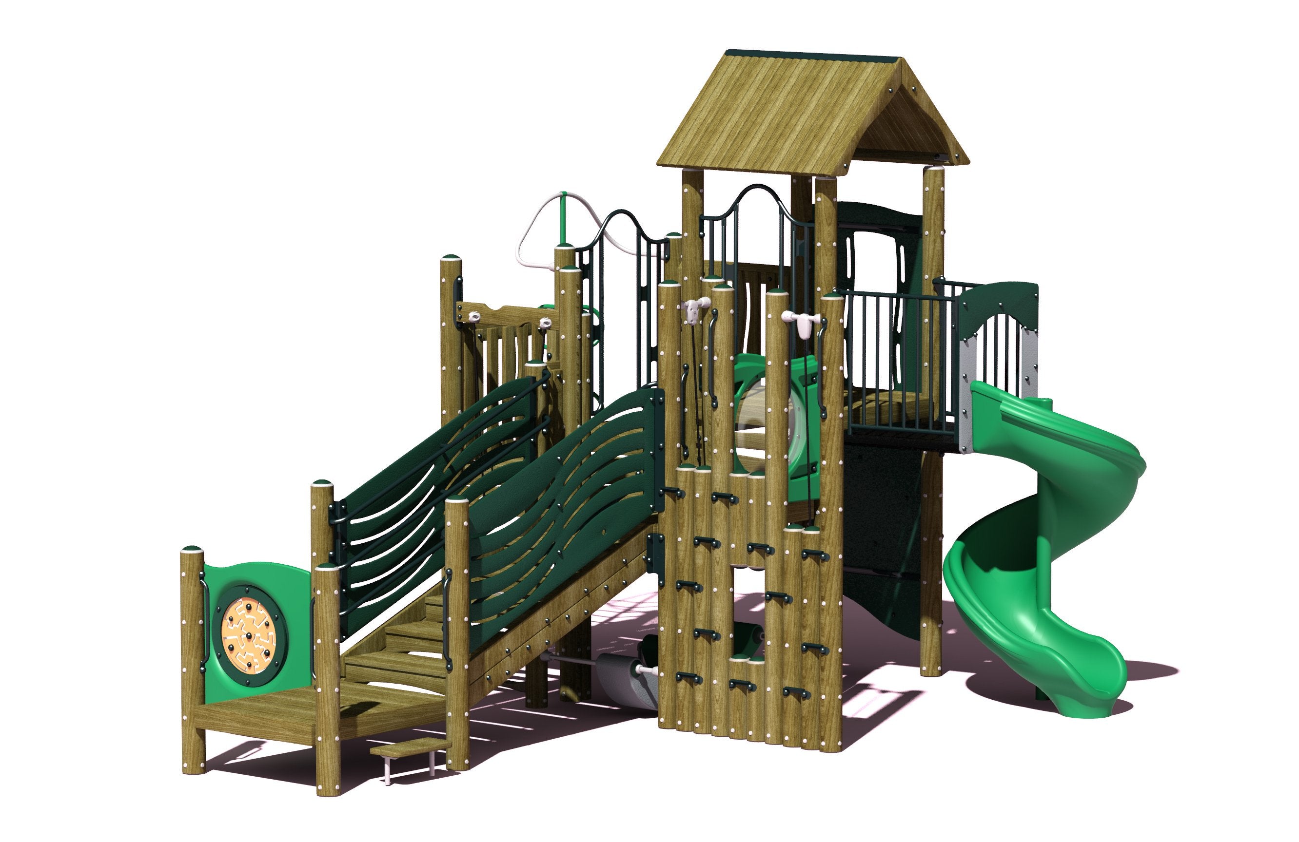 Outdoor wooden playground structure with spiral slide, climbing wall, rope ladder, and green-accented activity panel