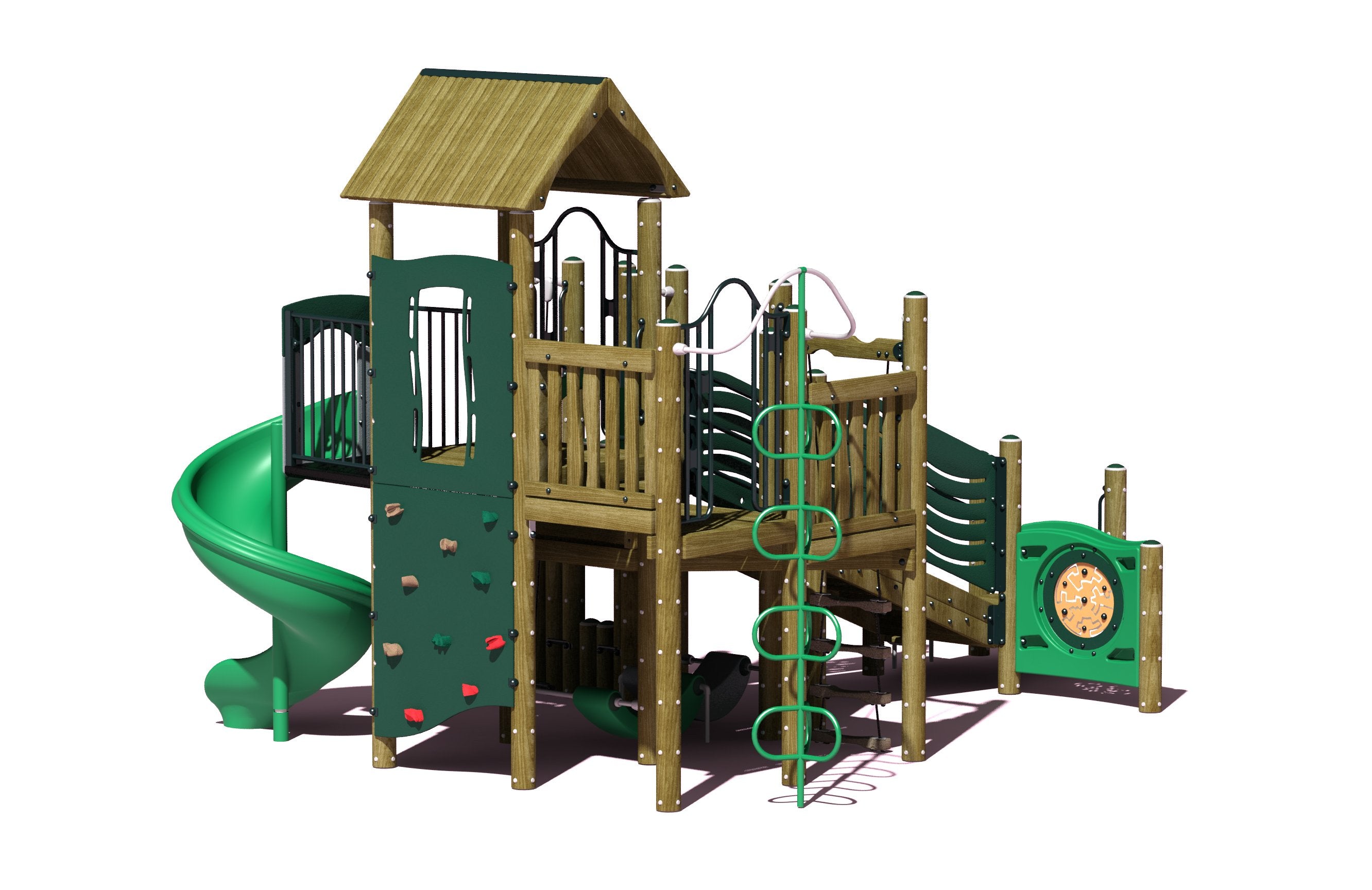 Wooden playground structure with spiral slide, climbing wall, rope ladder, and activity panel in green and natural wood tones