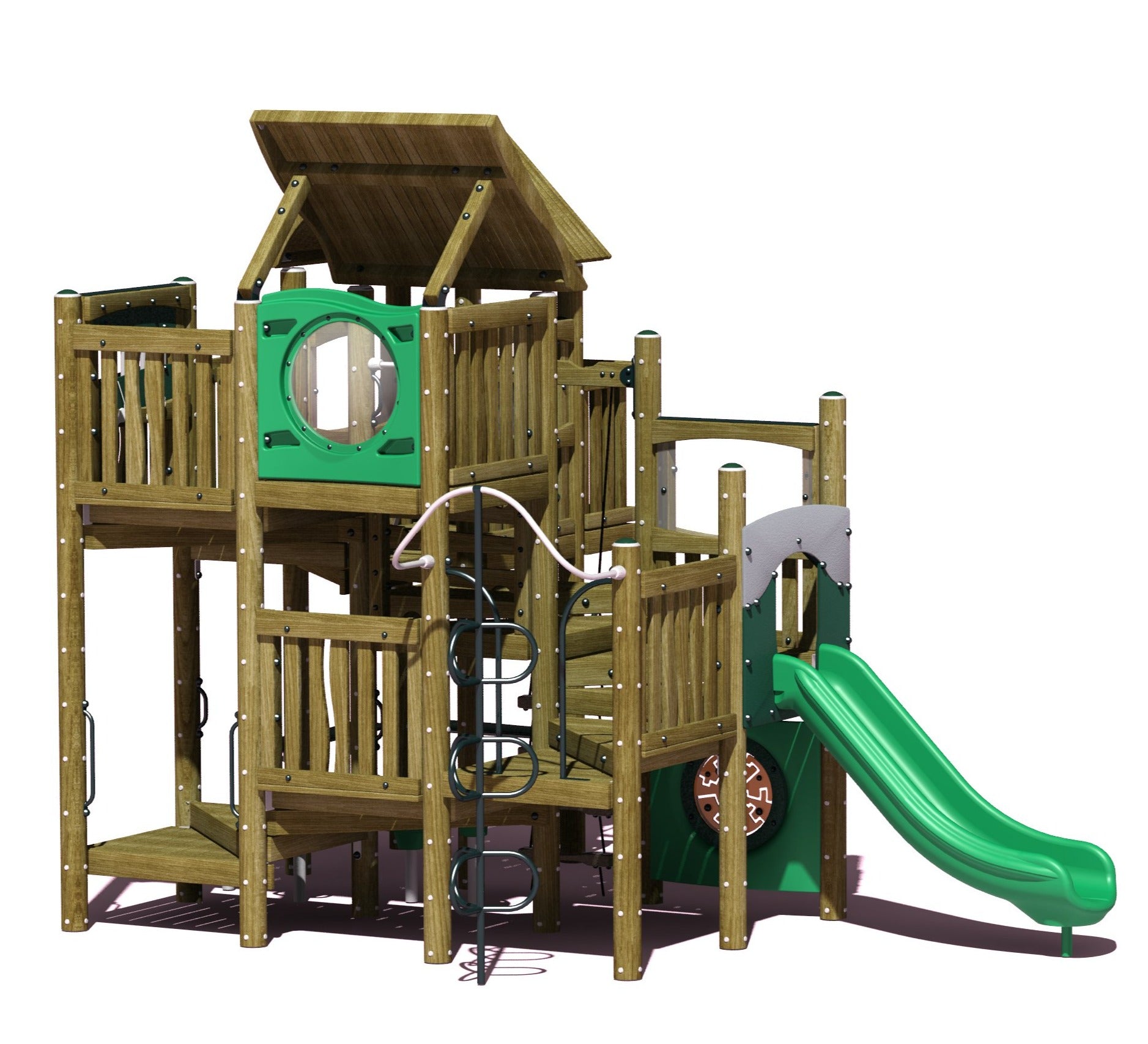 Wooden playground structure with green solo chute slide, multiple climbers, roofed platform, and interactive play panels