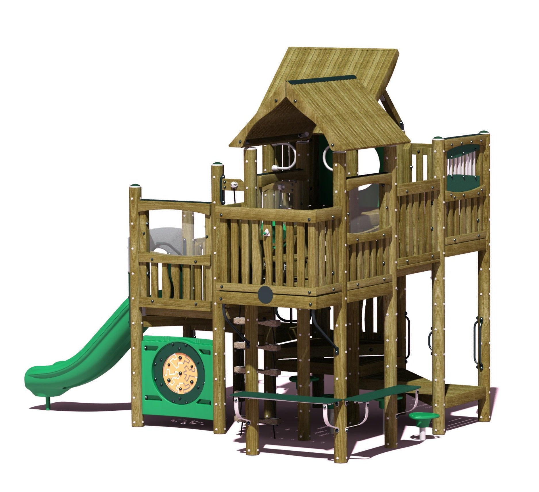 Wooden playground structure with green solo chute slide, multiple climbers, play panels, roofed platform, and playpod pedestals