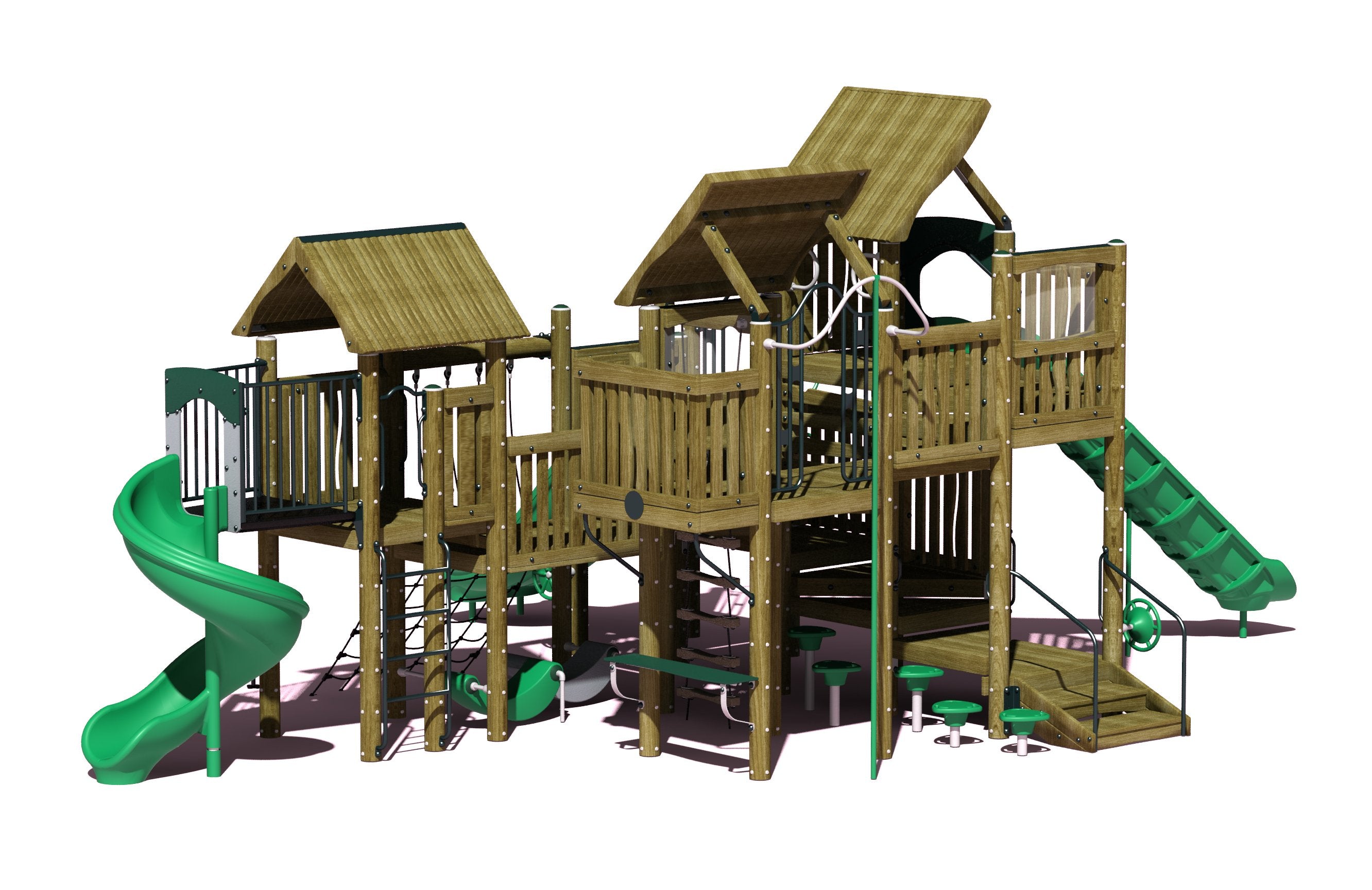 Large wooden playground structure with two peaked roofs, green spiral and straight slides, climbing ladders, double slide, and firefighter pole.
