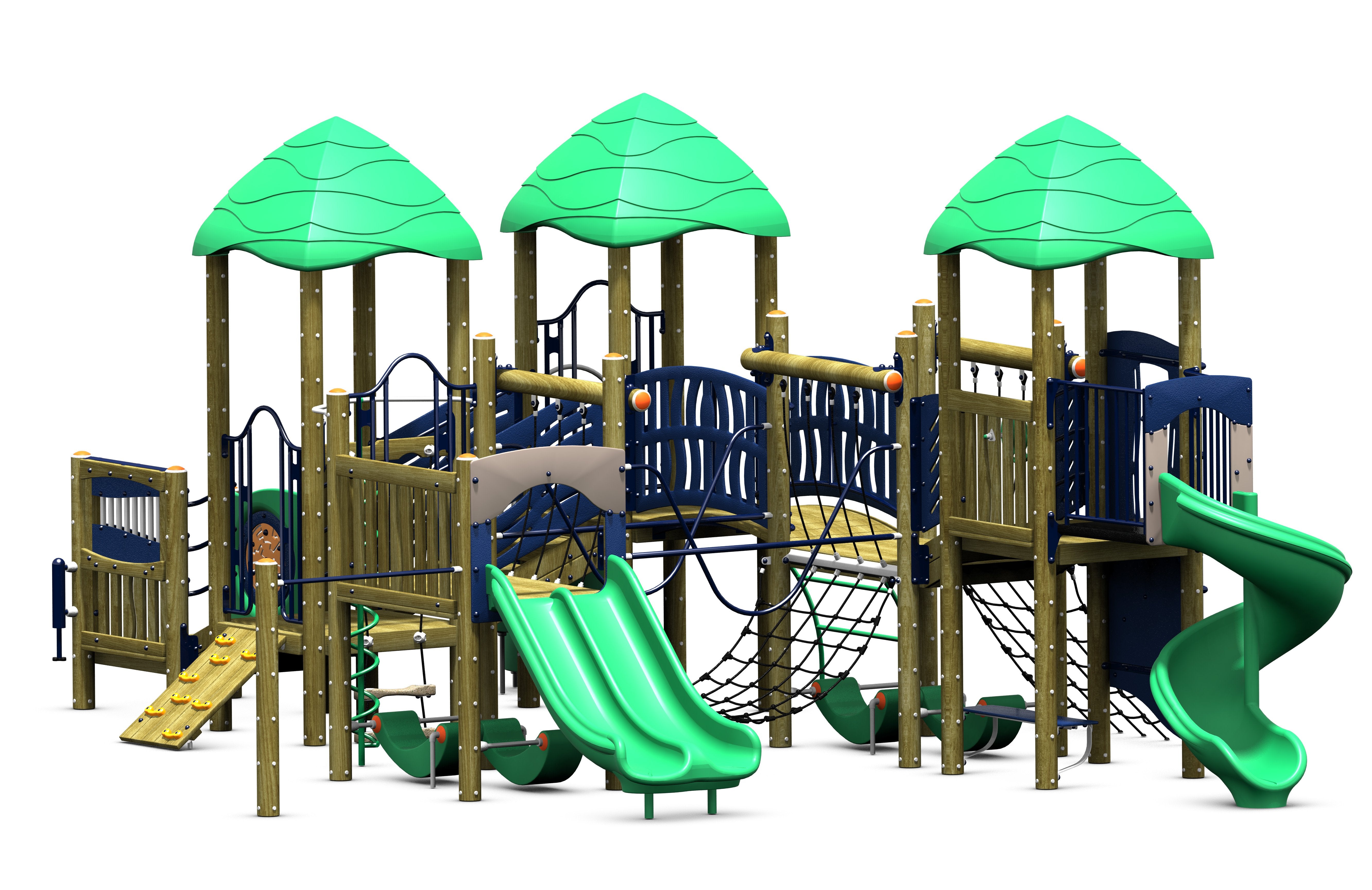 Outdoor playground structure with green duo and spiral slides, climbing nets, rock wall, and leaf-shaped canopies