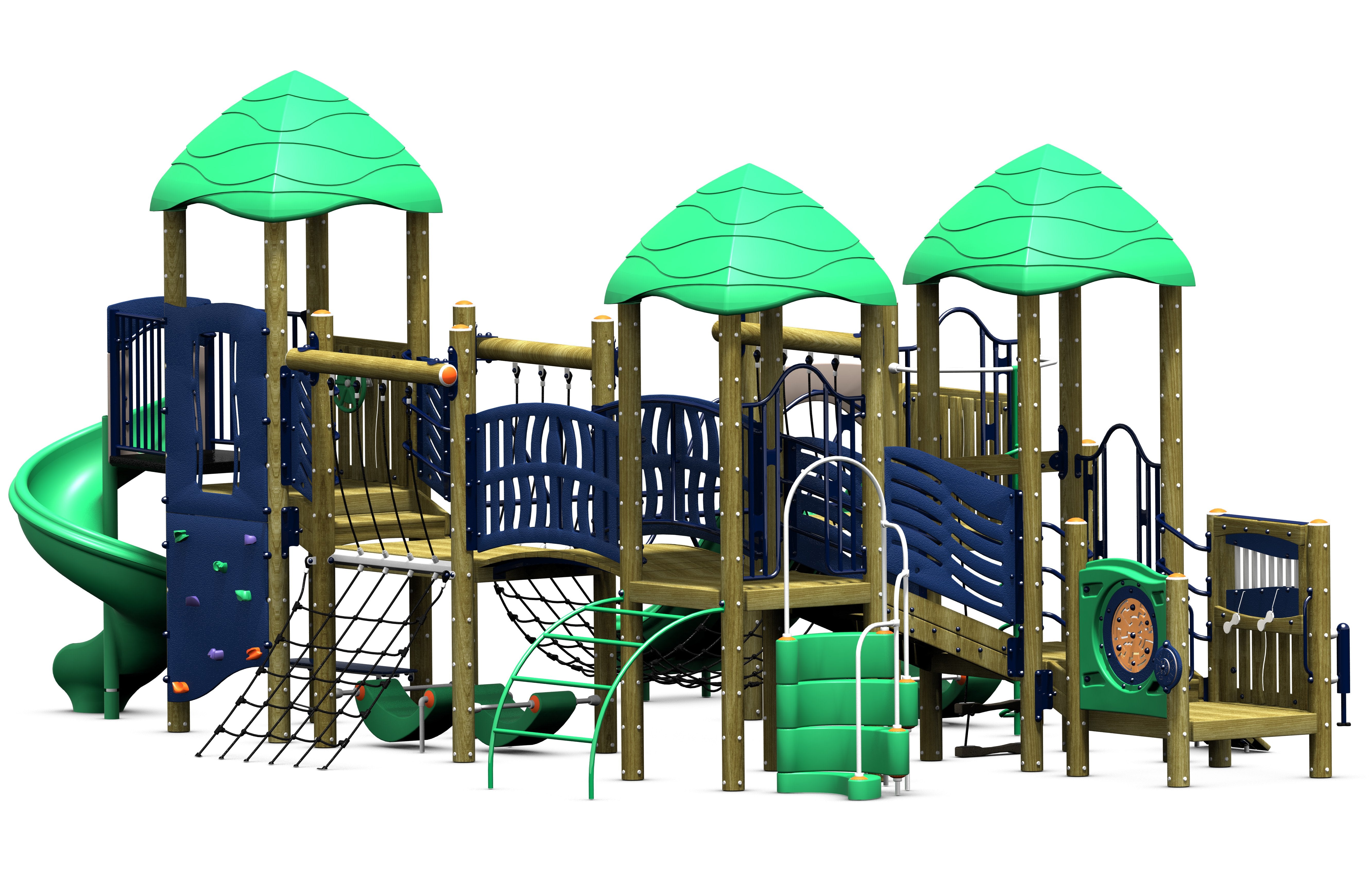 Outdoor wooden playground structure with green canopy roofs, duo and spiral slides, climbing nets, and activity panels.
