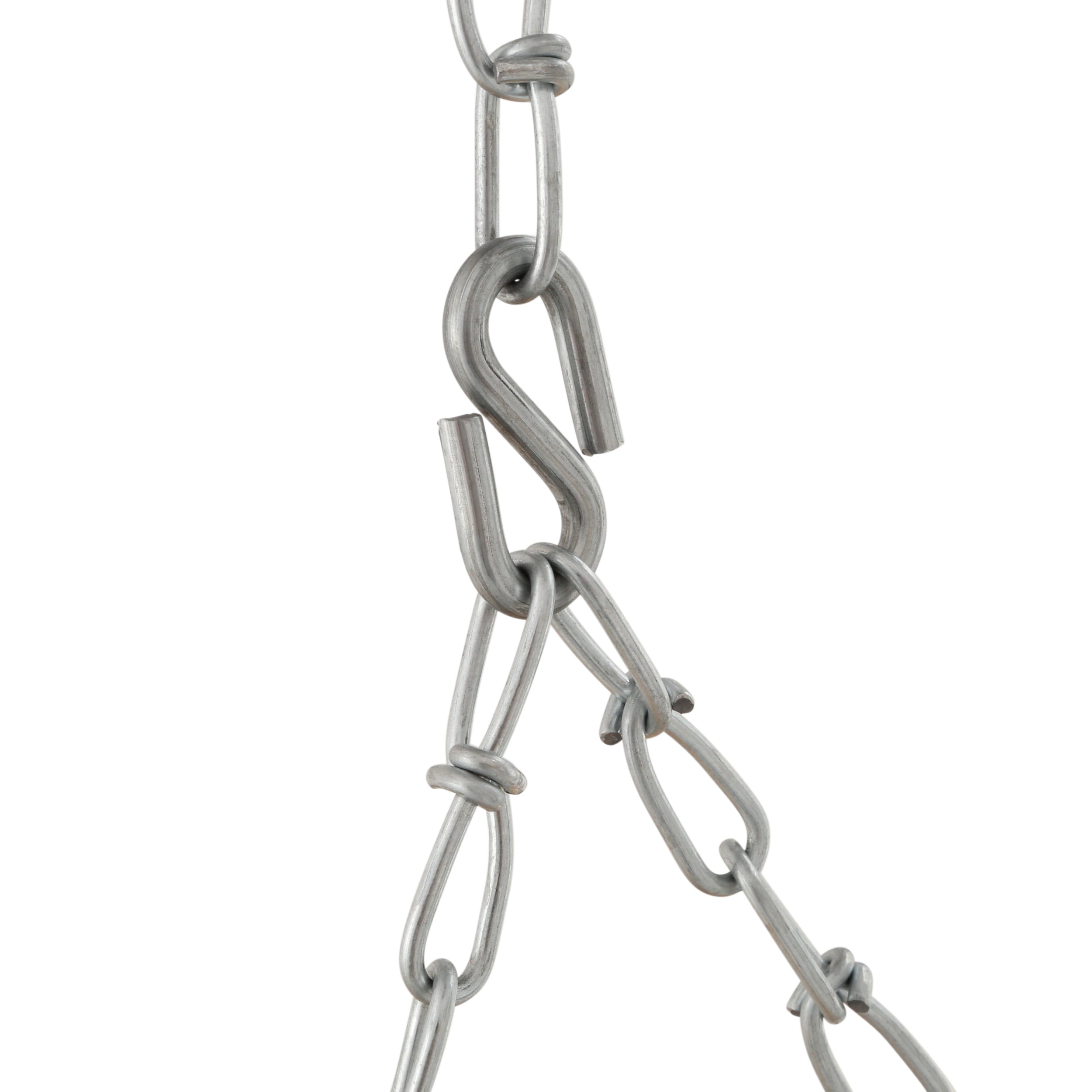 Close-up of galvanized steel chain links and S-hook hardware for swing set attachment