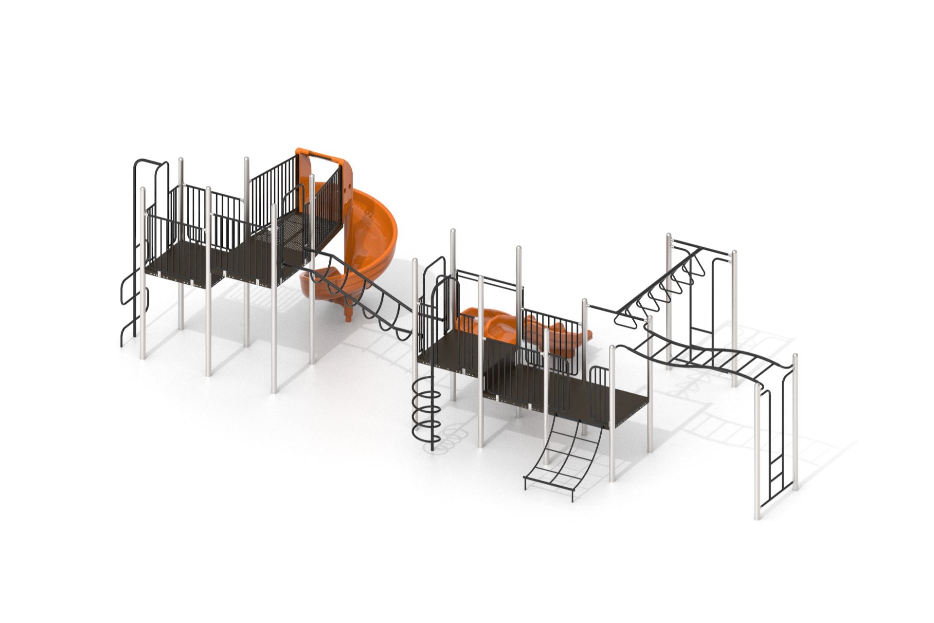 Overhead view of large playground climber with black climbing structures, platforms, and two orange spiral slides