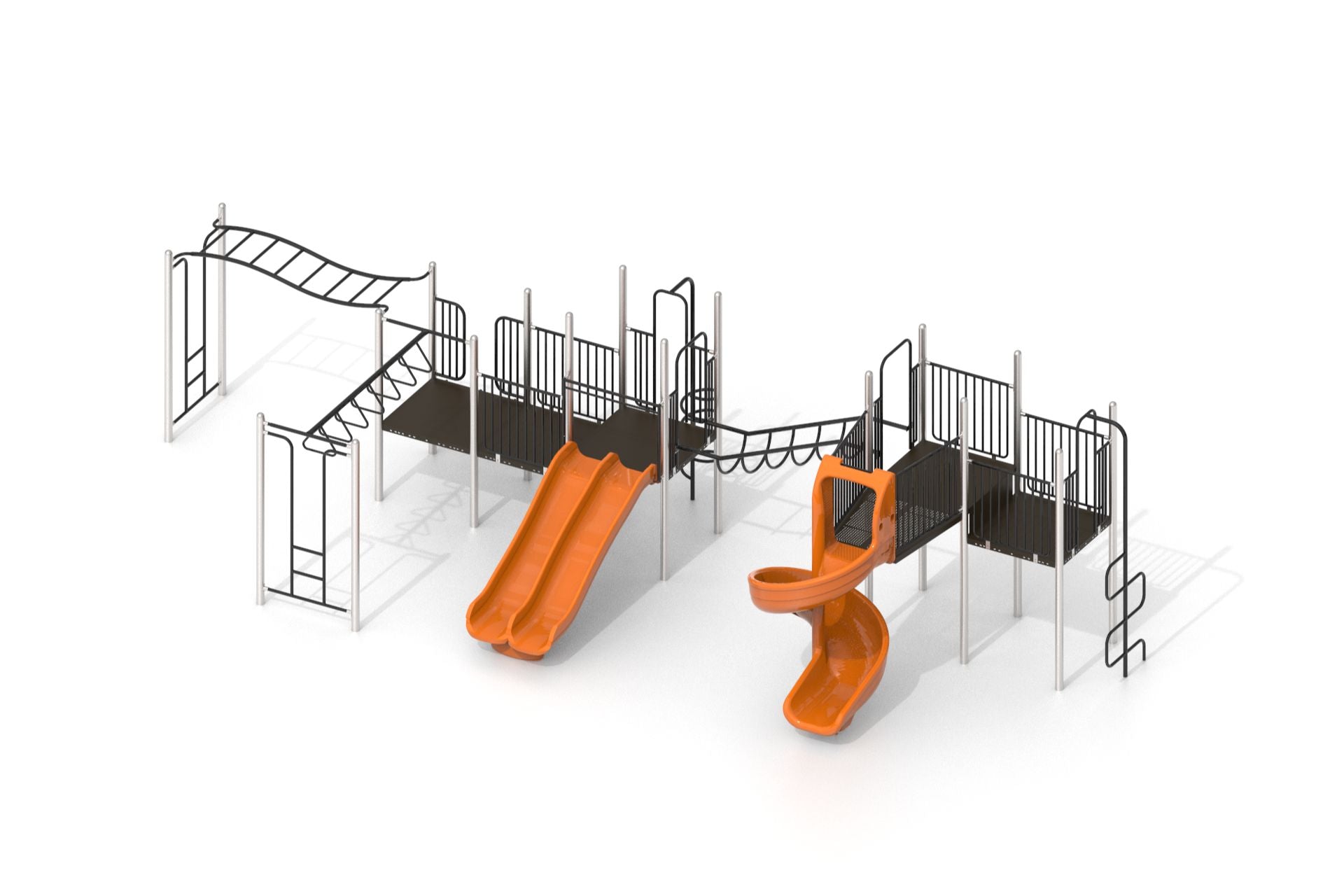 Playground climber with orange double and spiral slides, black climbing structures, metal railings, and various climbing elements.
