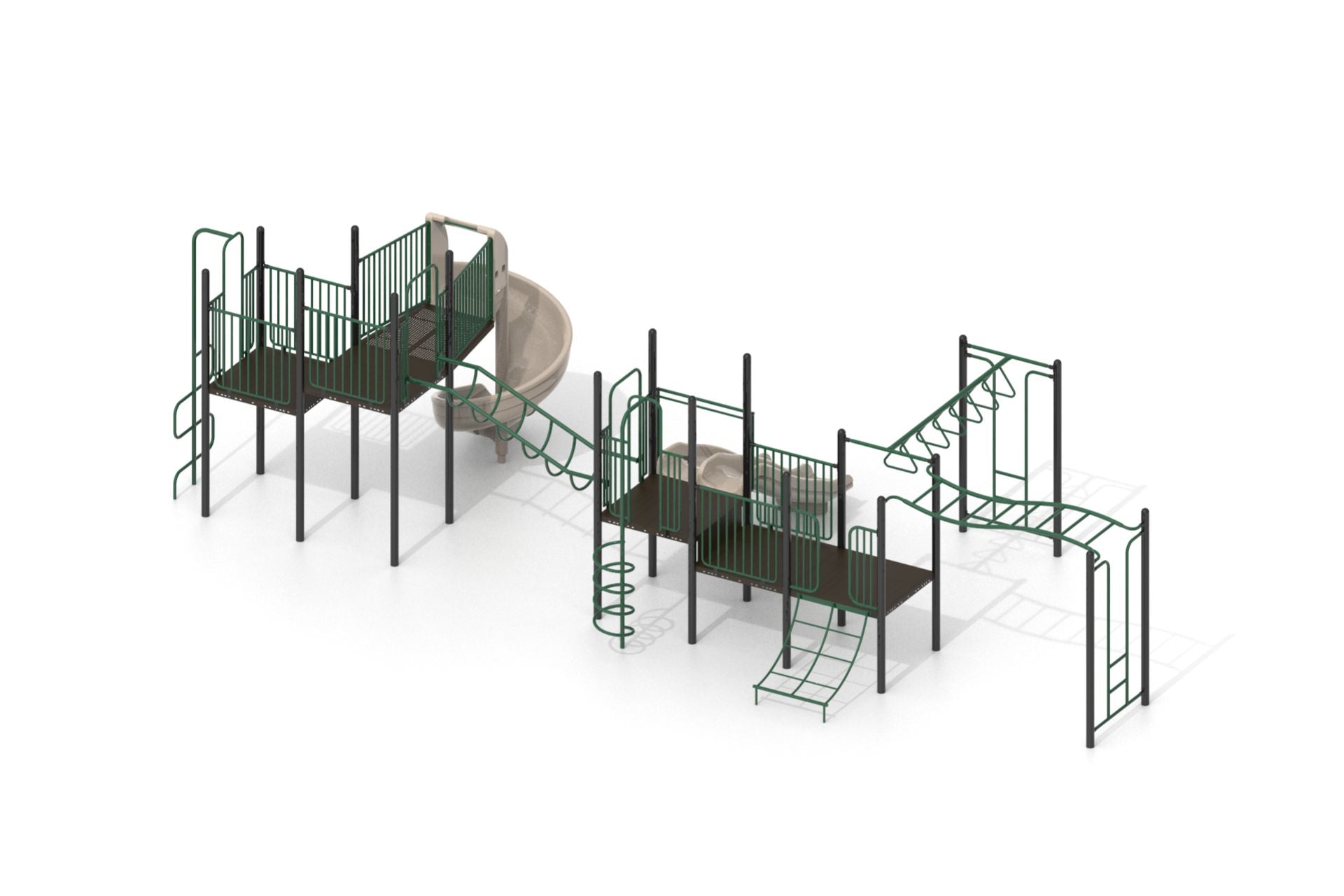 Playground climber with green metal railings, multiple climbing structures including spiral slide and various ladders