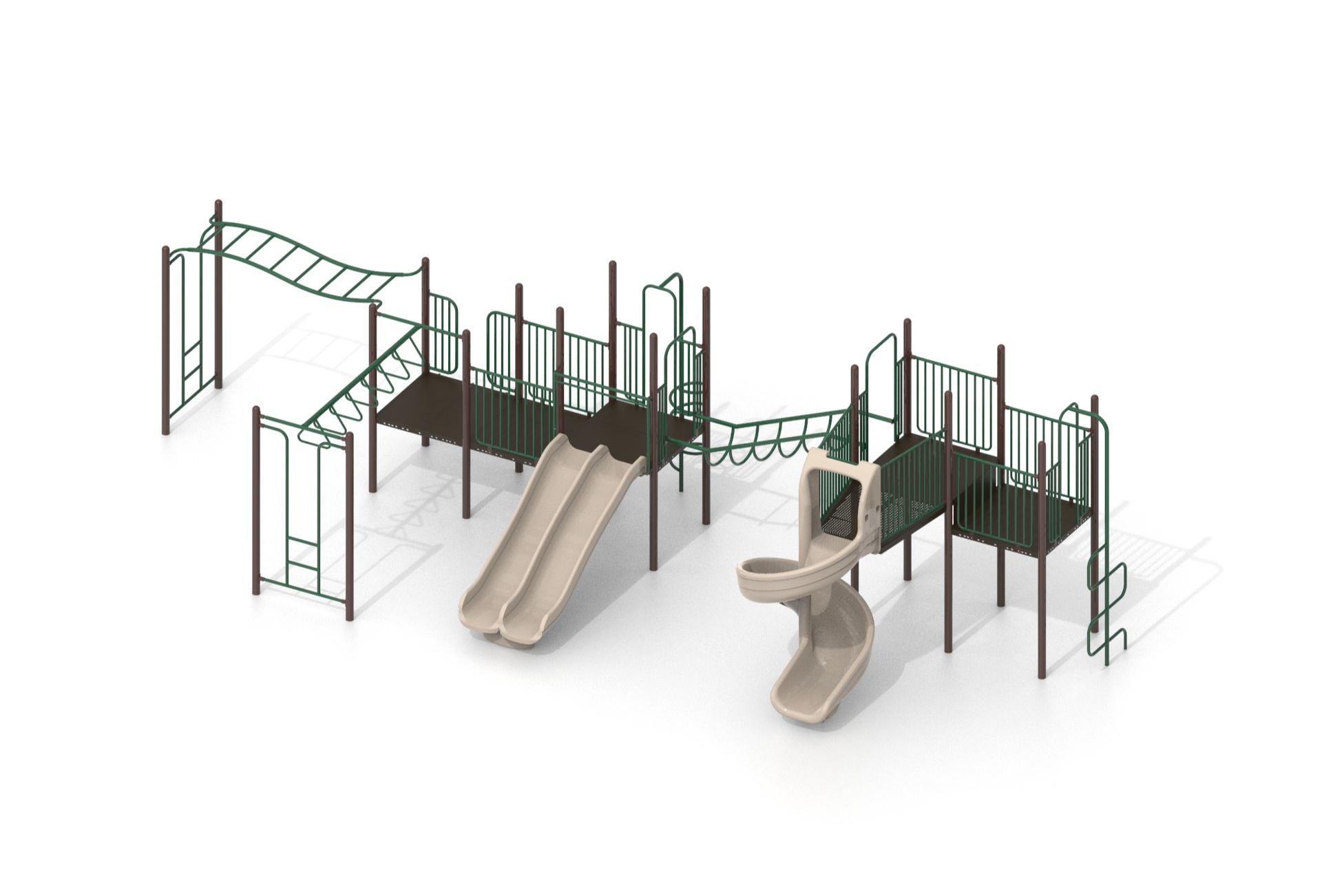 Badlands WillyGoat Playground Climber with beige slides, green climbing structures, brown support posts on white background