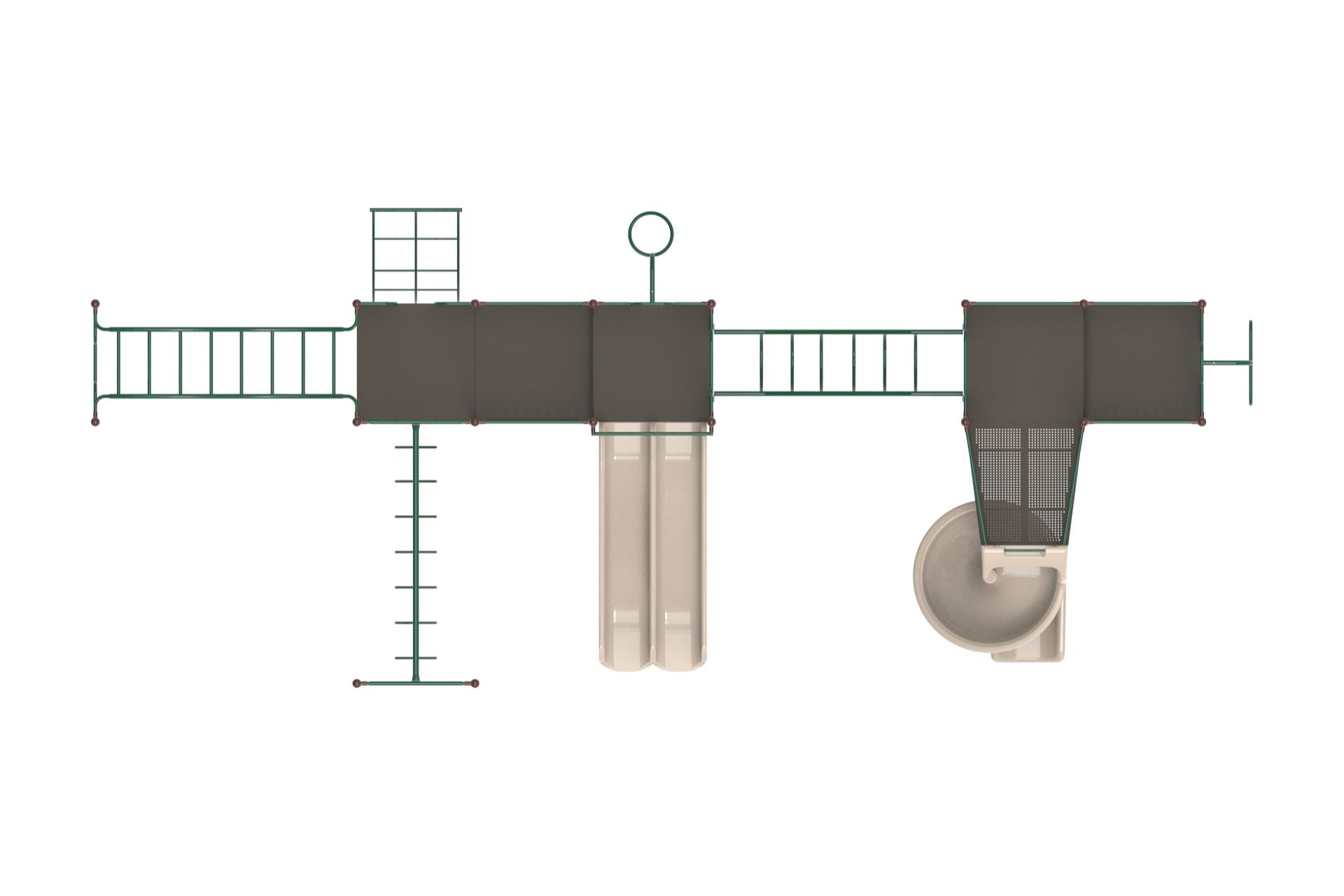 Overhead view of a large neutral-toned playground climber with multiple slides, ladders, and climbing structures