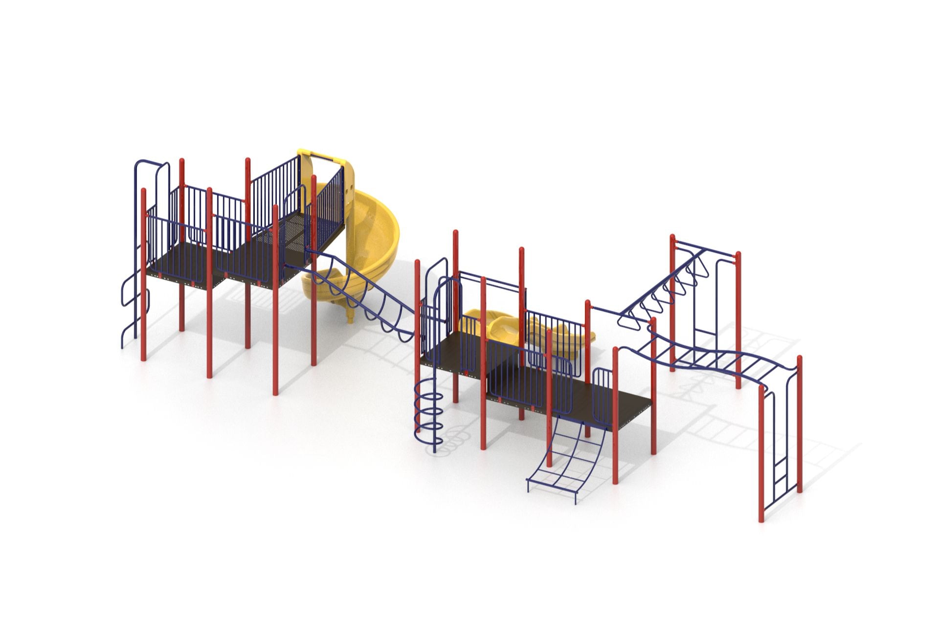 Playground climber with red and blue metal framework, yellow spiral and triple rail slides, multiple climbing structures including corkscrew and chain net climbers
