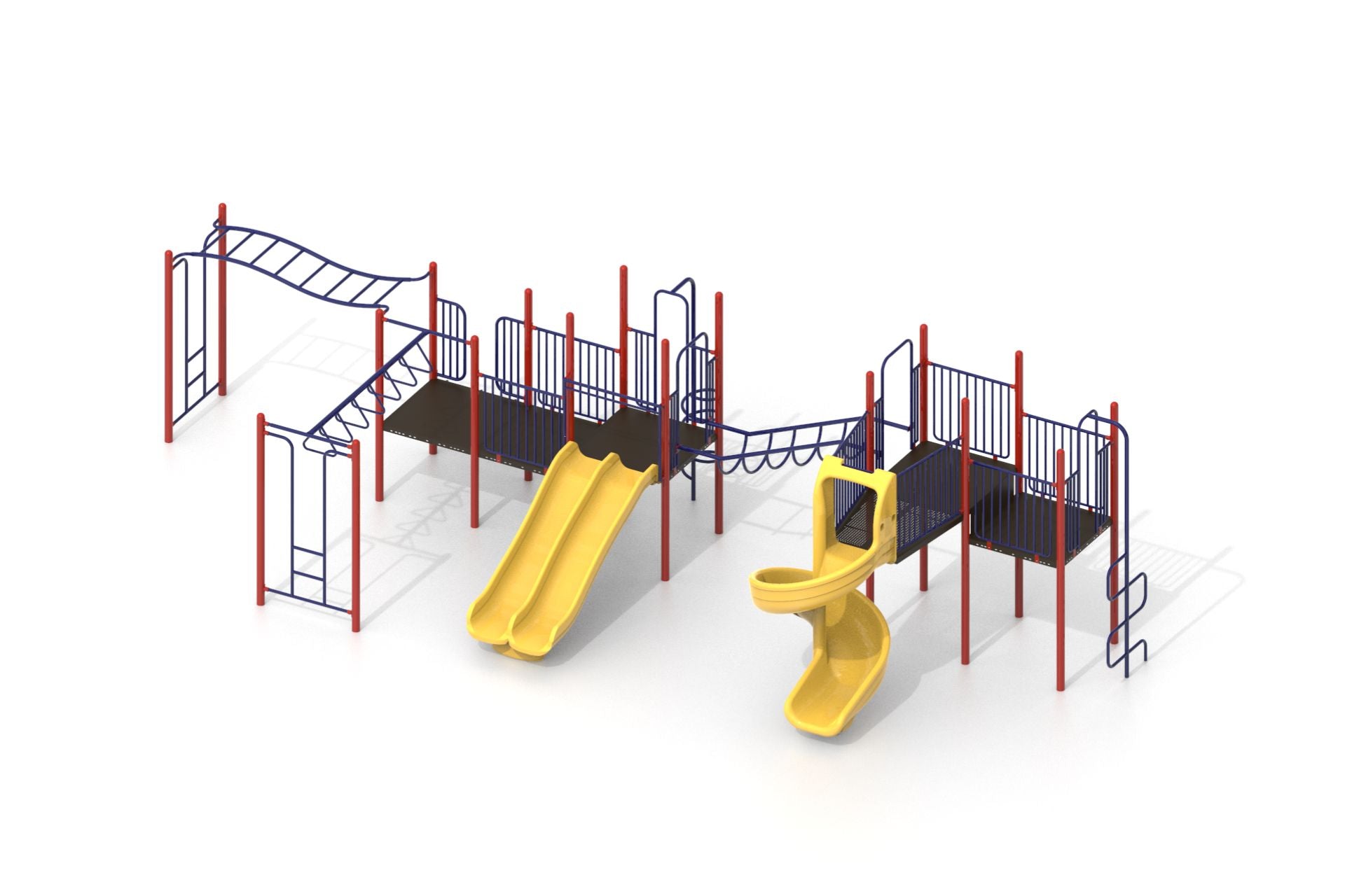 Playground climber with red and blue metal frame, yellow double and spiral slides, multiple climbing structures, and platforms