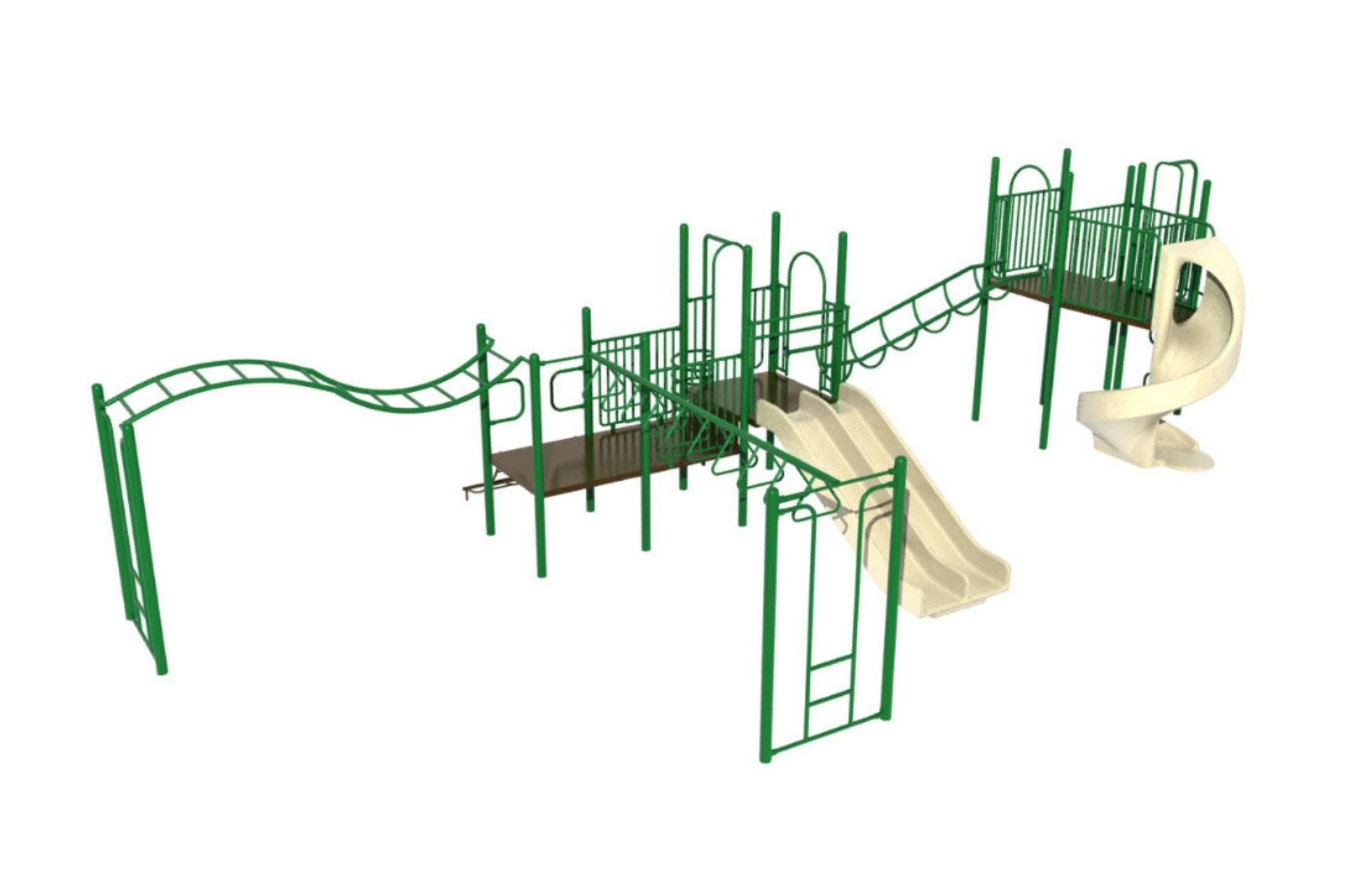 Overhead view of green and beige playground climber with spiral slide, horizontal ladder, multiple climbing structures, and slides