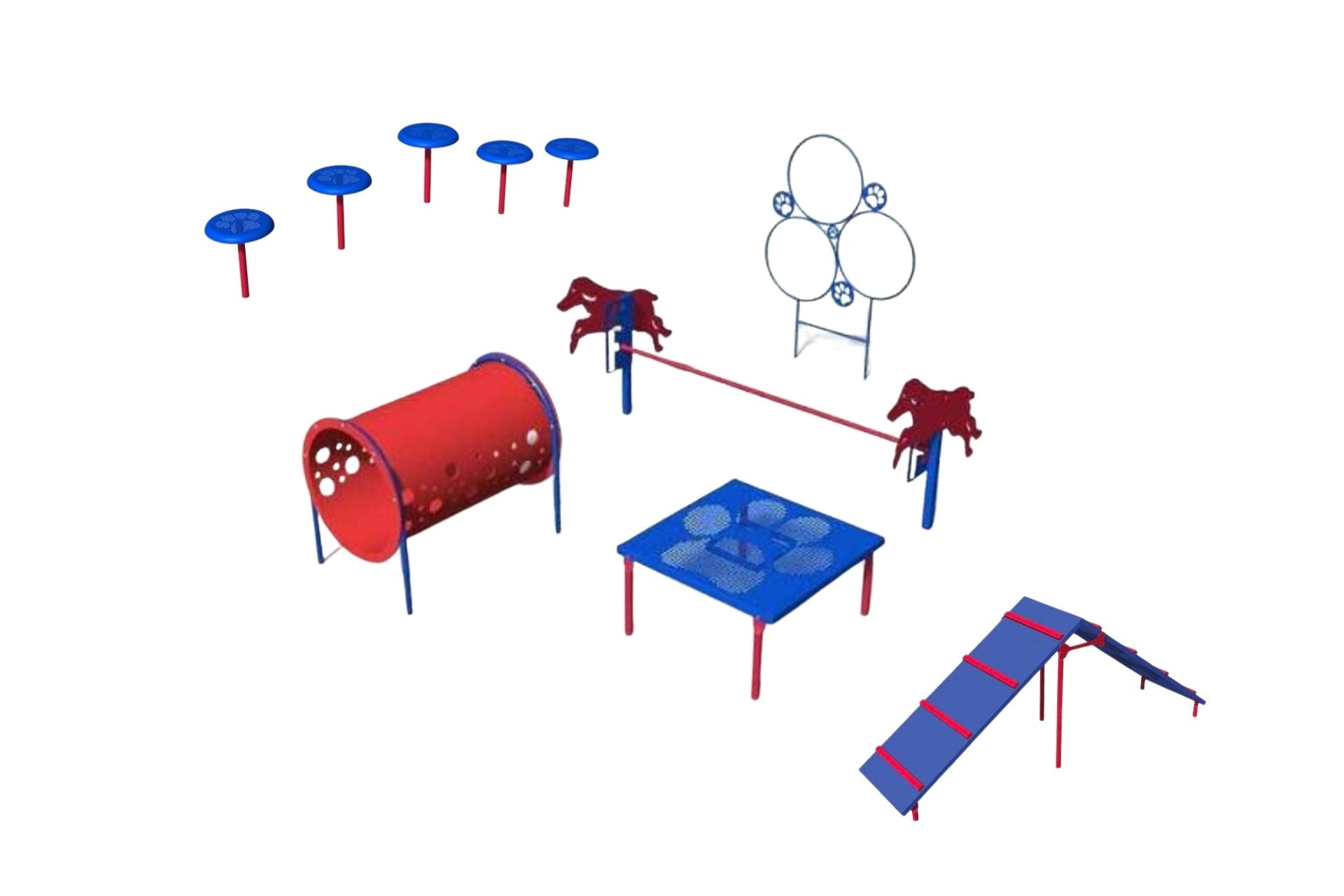 Intermediate Dog Exercise Course with six red and blue agility activities including tunnel, A-frame, bar jump, hoop rings, platform, and stepping pods