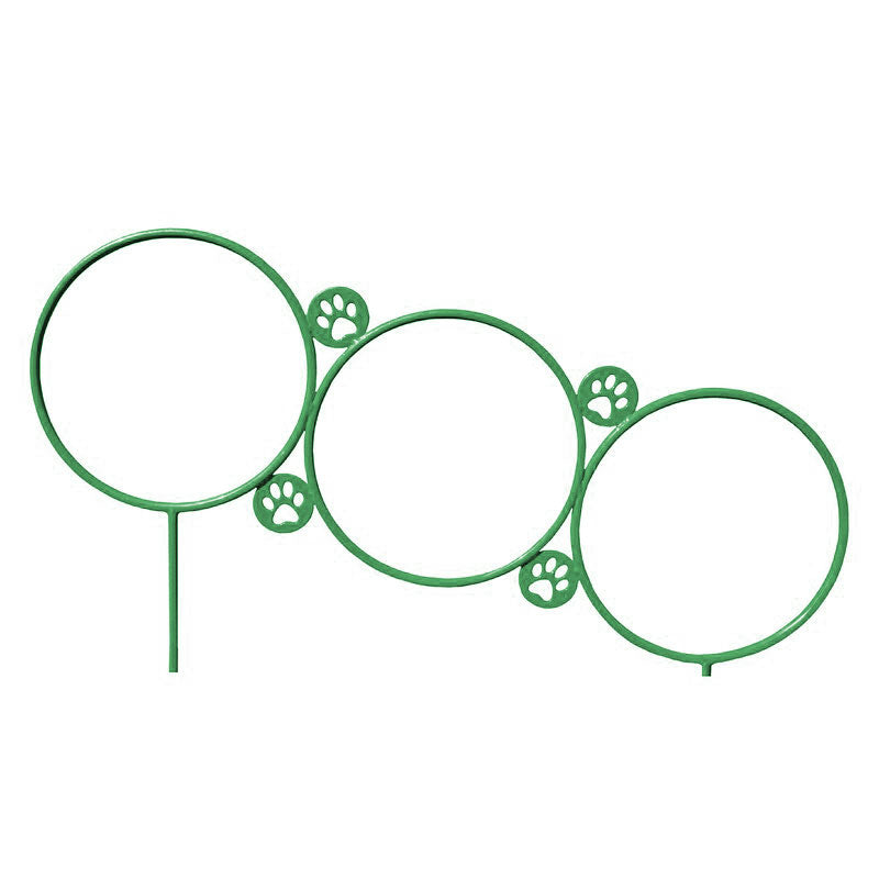 Three green metal dog agility hoops with paw print accents arranged in ascending height for jump training
