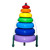 Outdoor free-standing percussion instrument with seven rainbow-colored bells on a black frame and two mallets